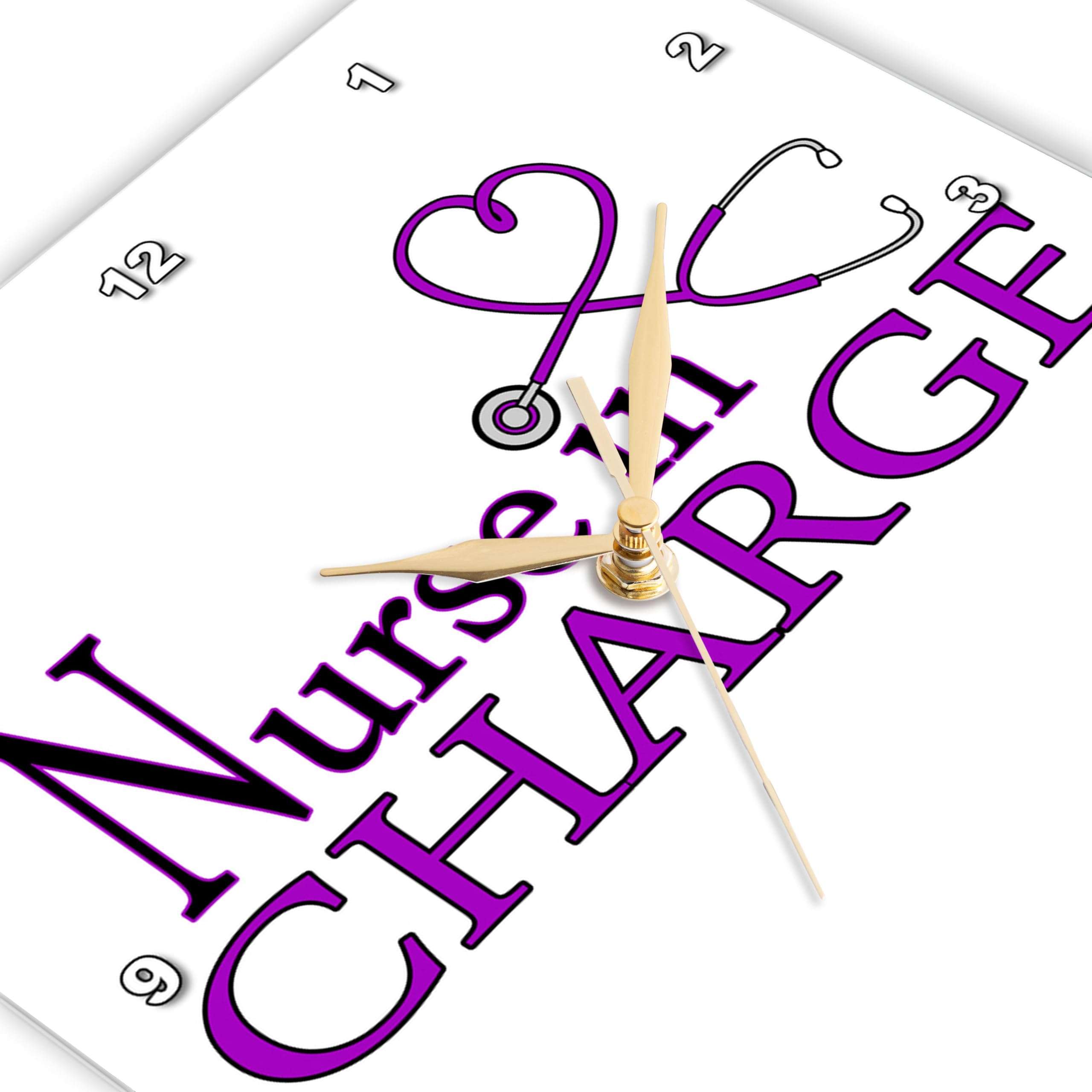 3dRose Wall Clock Silent - 10 inch - Nurse in Charge Purple Heart Stethoscope - Designs Occupational Gifts 4