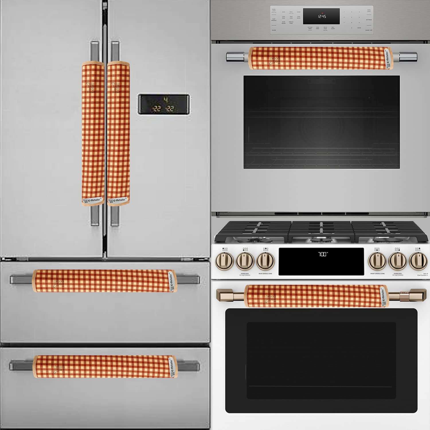 E-Retailer® Exclusive Combo Set of Appliance Cover (1Pc. of Refrigerator Top Cover, 1Pc. Handle Cover, 3Pc. Fridge Mat, 1. Oven Cover, 1Pc Wall Hanging Storage Organizer) (Check Brown, Set of 7Pcs.) 4