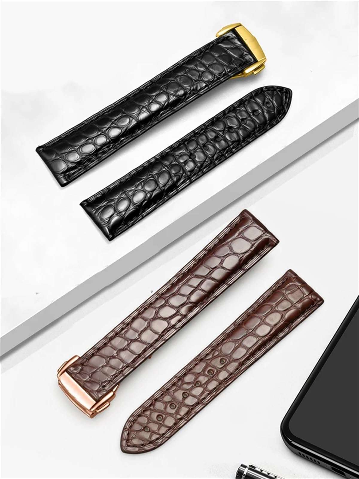 SERDAS Genuine Leather Band Alligator For Omega Seamaster Speedmaster 300,300M,600,007 Watch Strap 18mm To 24mm Crocodile Leather Strap For Men's And Women's(Black-silver,19mm) 6