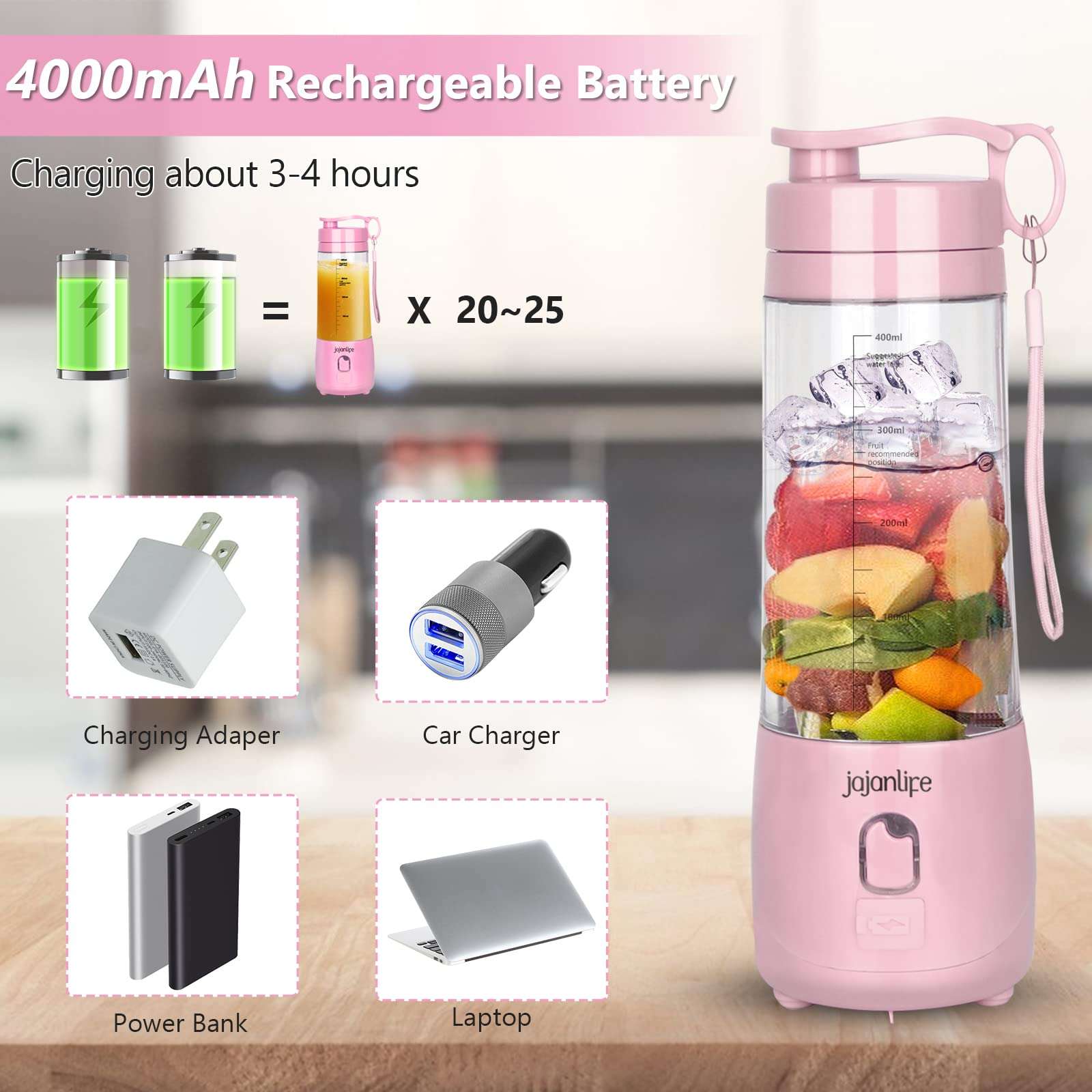 Personal Blender Portable Blender for Shakes and Smoothies USB Rechargeable 13.5 oz Mini Blenders 150W 3D Six Blades 4000mAh Battery Juicer for Gym, Office, on the Go (Pink) 4