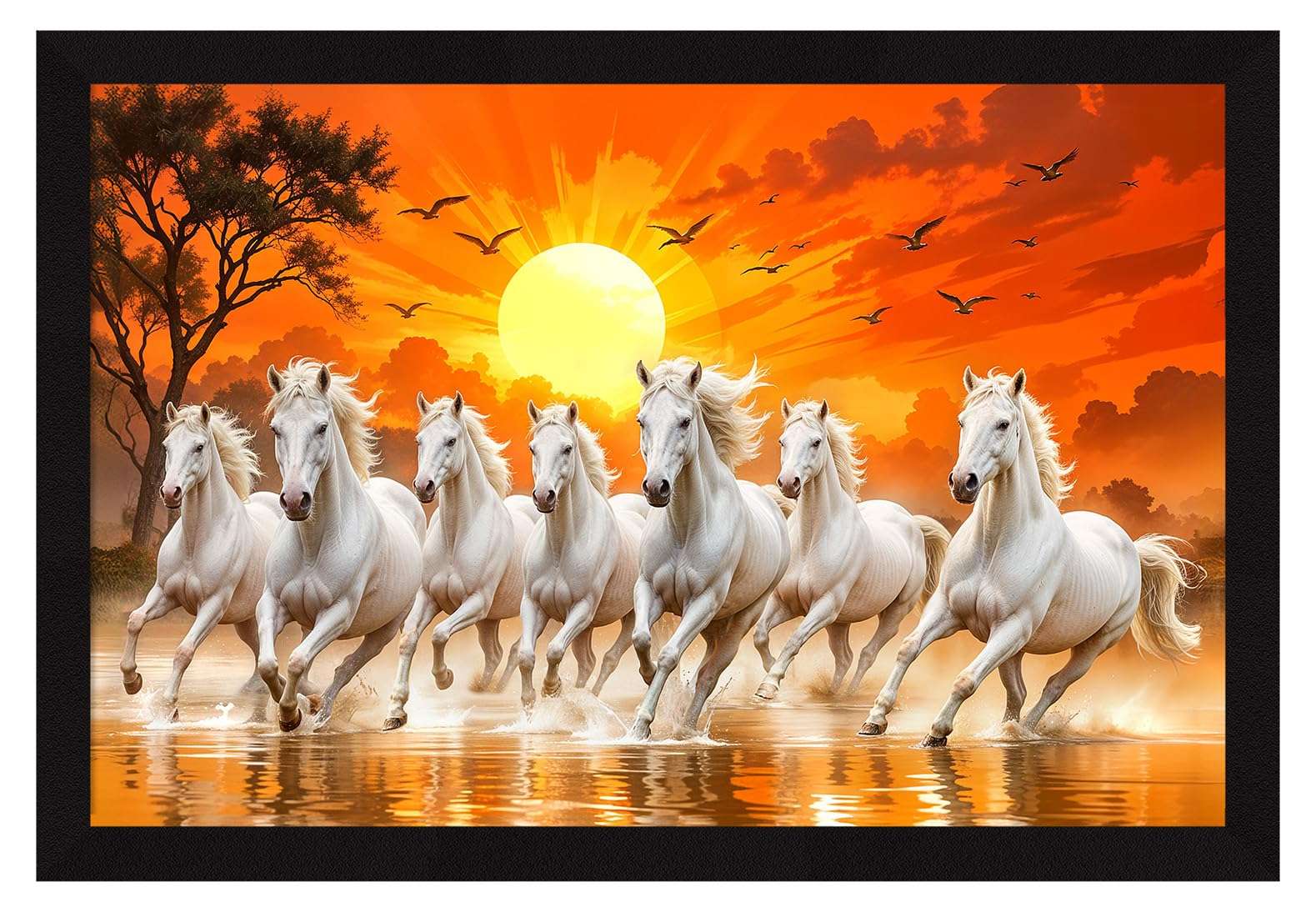 ArtX Paper 7 Horses Vastu Frame Wall Art Painting, White Running Horses On Water Painting Vastu Rising Sun Wall Decor, Multicolor, Nature, 18.0 X 12.0 inches, Set of 1 1