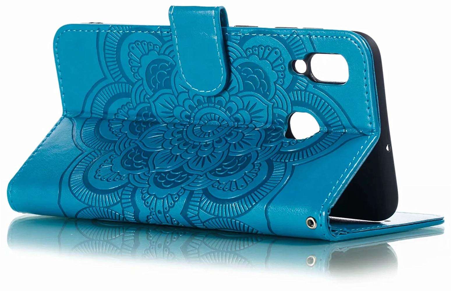 MEUPZZK Samsung A20 Case, Samsung Galaxy A30 Wallet Case, Embossed Mandala Premium PU Leather [Folio Flip] [Kickstand] [Card Slots] [Wrist Strap] [6.4 inch] Cover for Samsung A20/A30 (H-Blue) 6
