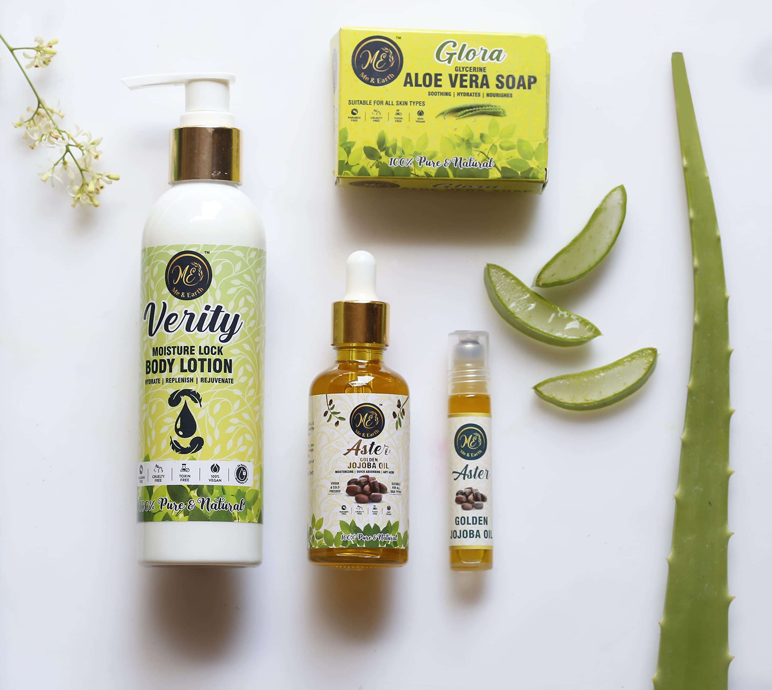 Me And Earth Skincare Combo For Dry Skin Pack Of Aloe Vera Soap (100gm) Jojoba Oil Body Lotion (200ml) & 1 The Golden Jojoba Oil (50 ml) 3
