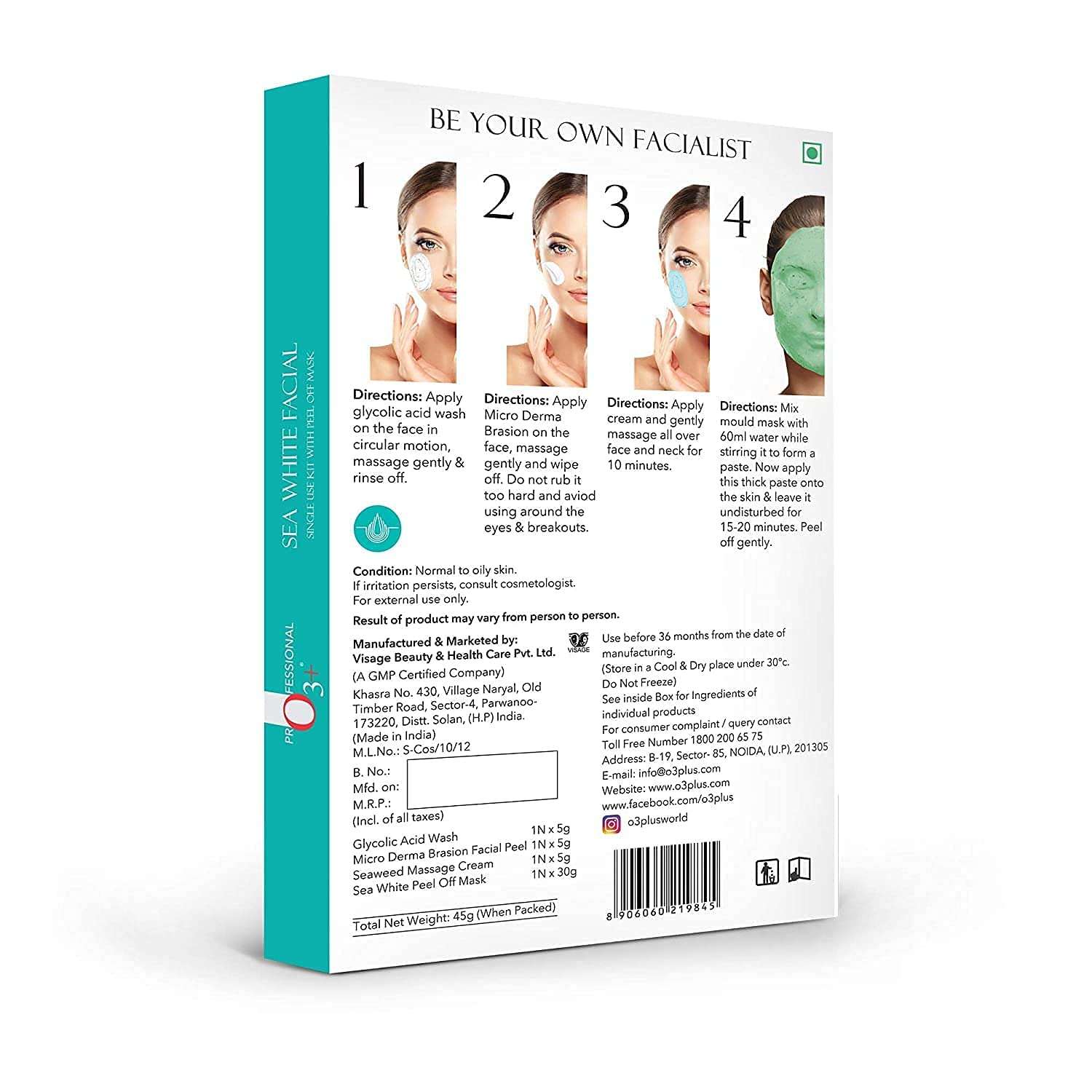 O3+ Sea White Brightening Facial Kit With Peel Off Mask Suitable (45g, Single Use Facial Kit) & O3+ Facialist Glow Sheet Mask Hydrates and awakens skin(30g) Combo 4