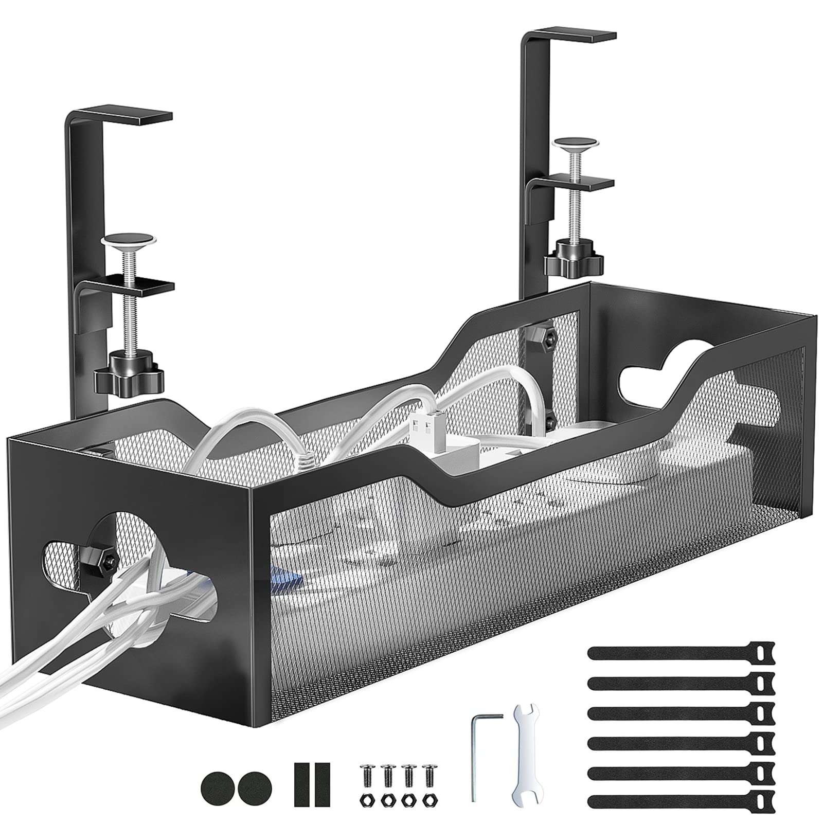 Under Desk Cable Management Tray No Drill, Metal Mesh Cable Management Under Desk with Clamp Mount, 2 Hole Cable Tray with Wire Management and Cord Organizer for Home Office Standing Desk