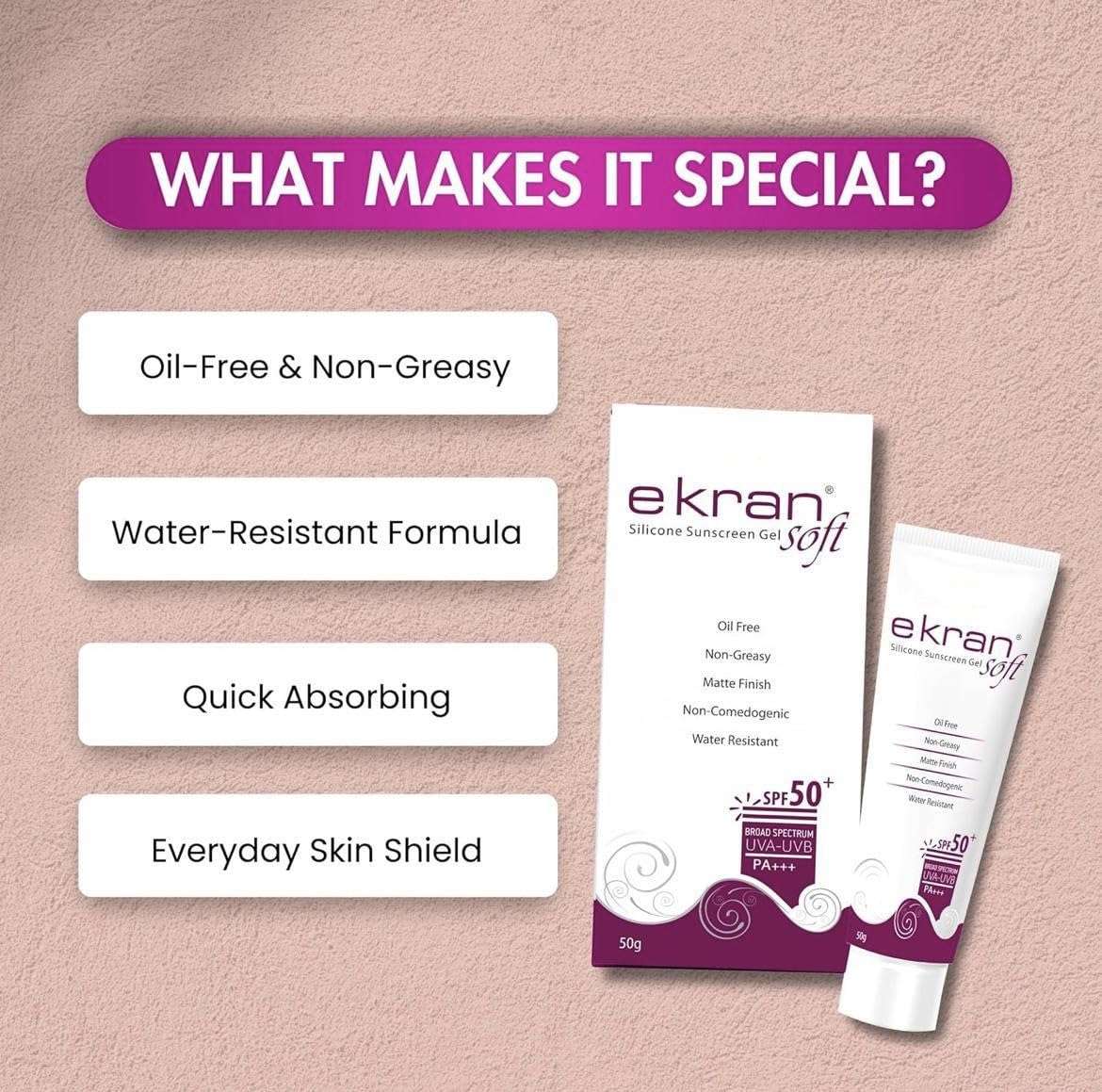 Ekran Soft Silicone Sunscreen Gel SPF 50+ | Oil-Free, Non-Greasy, Matte Finish, Water-Resistant, Non-Comedogenic | Broad Spectrum UVA-UVB PA+++ – 50g 5