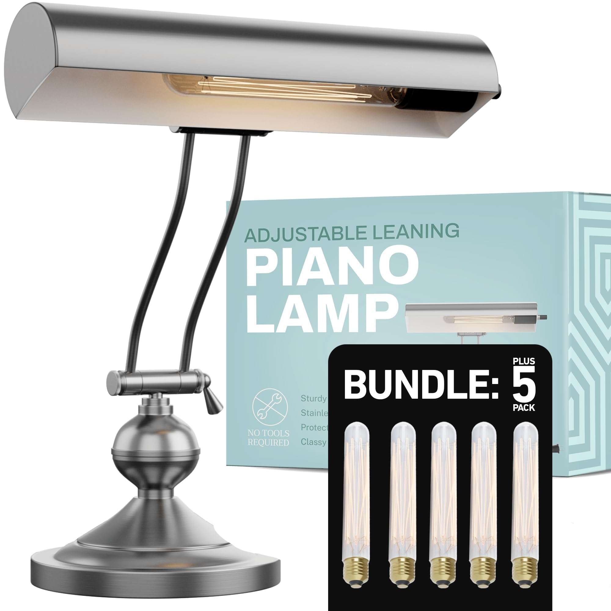 Home Intuition Classic Antique Retro Adjustable Leaning Piano Lamp Desk Light Bundle with 5 Extra LED Bulbs (Satin Nickel) 1