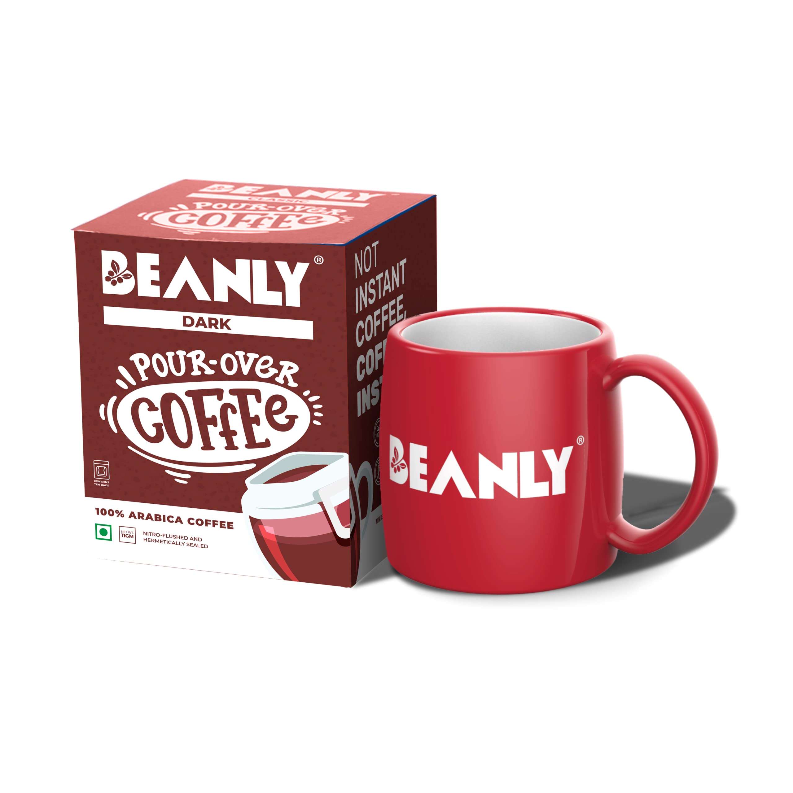 Beanly Pour Over Coffee Dark Brew Bags, Pack of 10, Easy Brew Coffee, Arabica Coffee, Drip Coffee, Bold and Strong, Medium Roast, with Red Mug