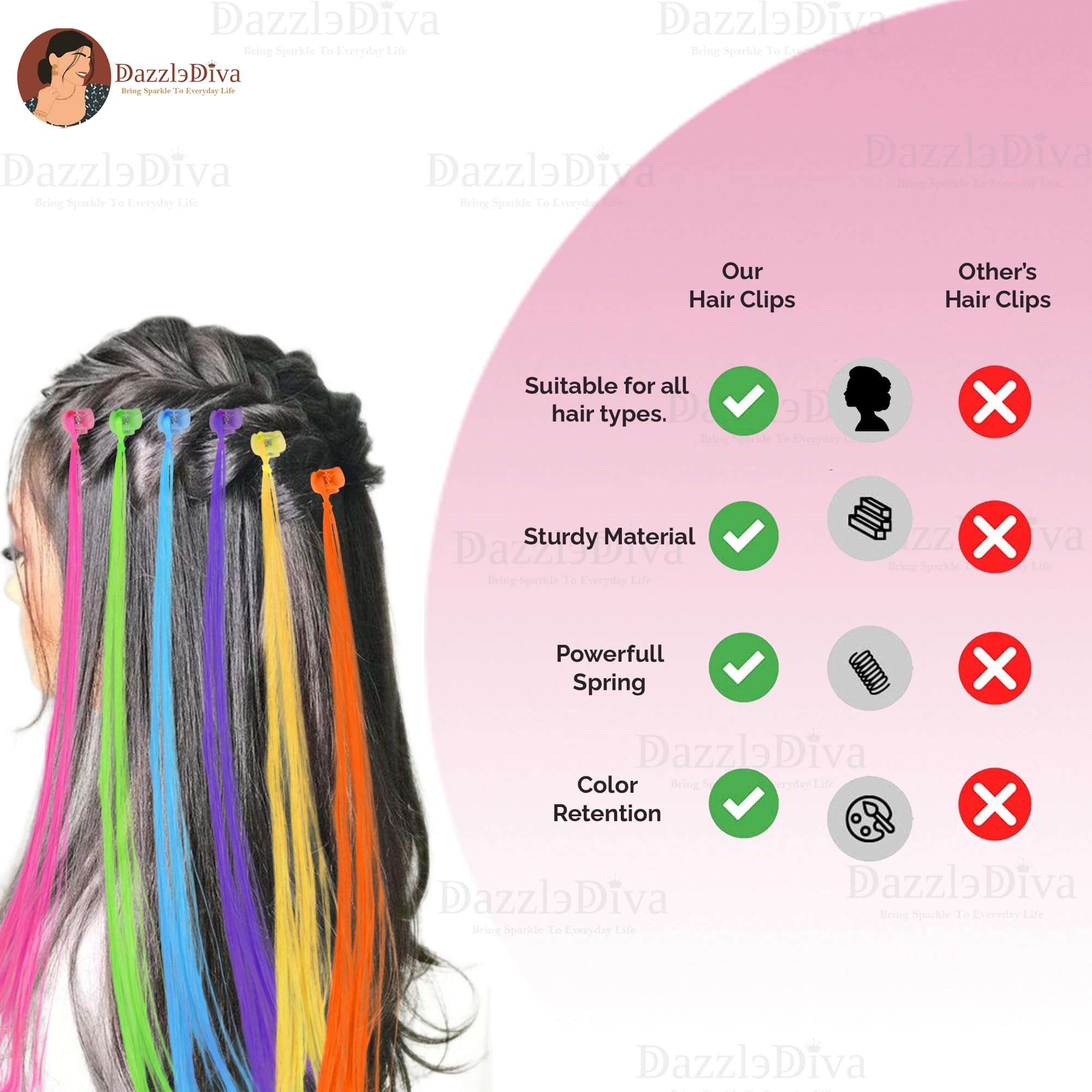 DazzleDiva Hair Highlight Extensions Artificial Hair Strips Colourful Hair Streaks Trendy Hair Streak Coloured Hair Extensions For Kid Hair Clips For Kids Side Hair Extensions 6PCS 6