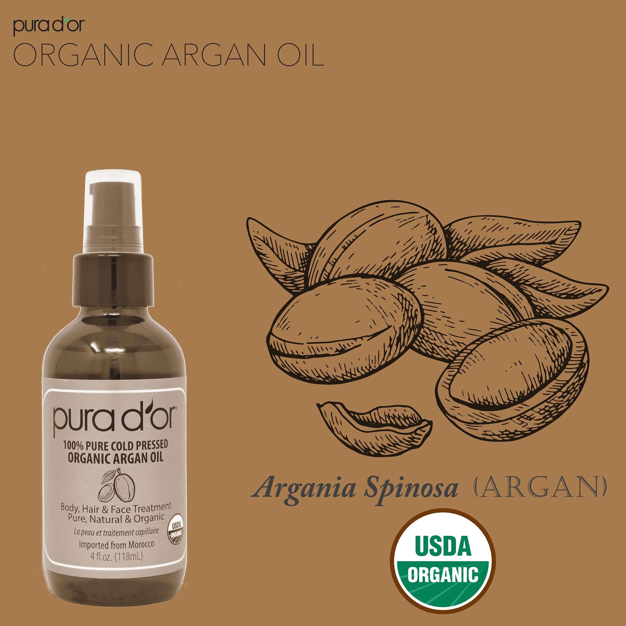 Pura d'or Pure and Organic Argan Oil, Brown and Gold 4