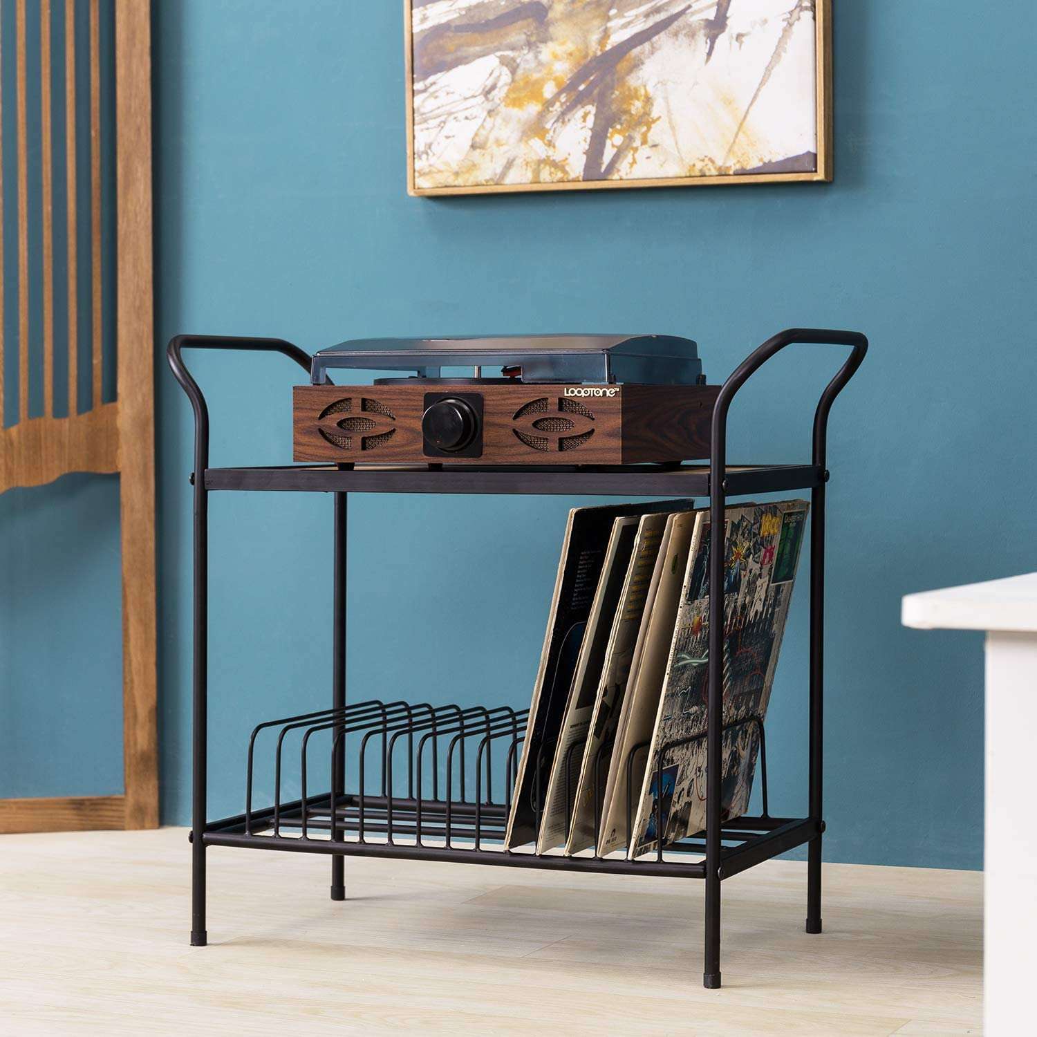 INDIAN DECOR 25007 Classic 2 Tier Black Metal Record Player Turntable Stand with Vinyl Storage, Vintage Brown Wood Top Display Shelf and 14 Slots for Record Album Sleeve Holder 5