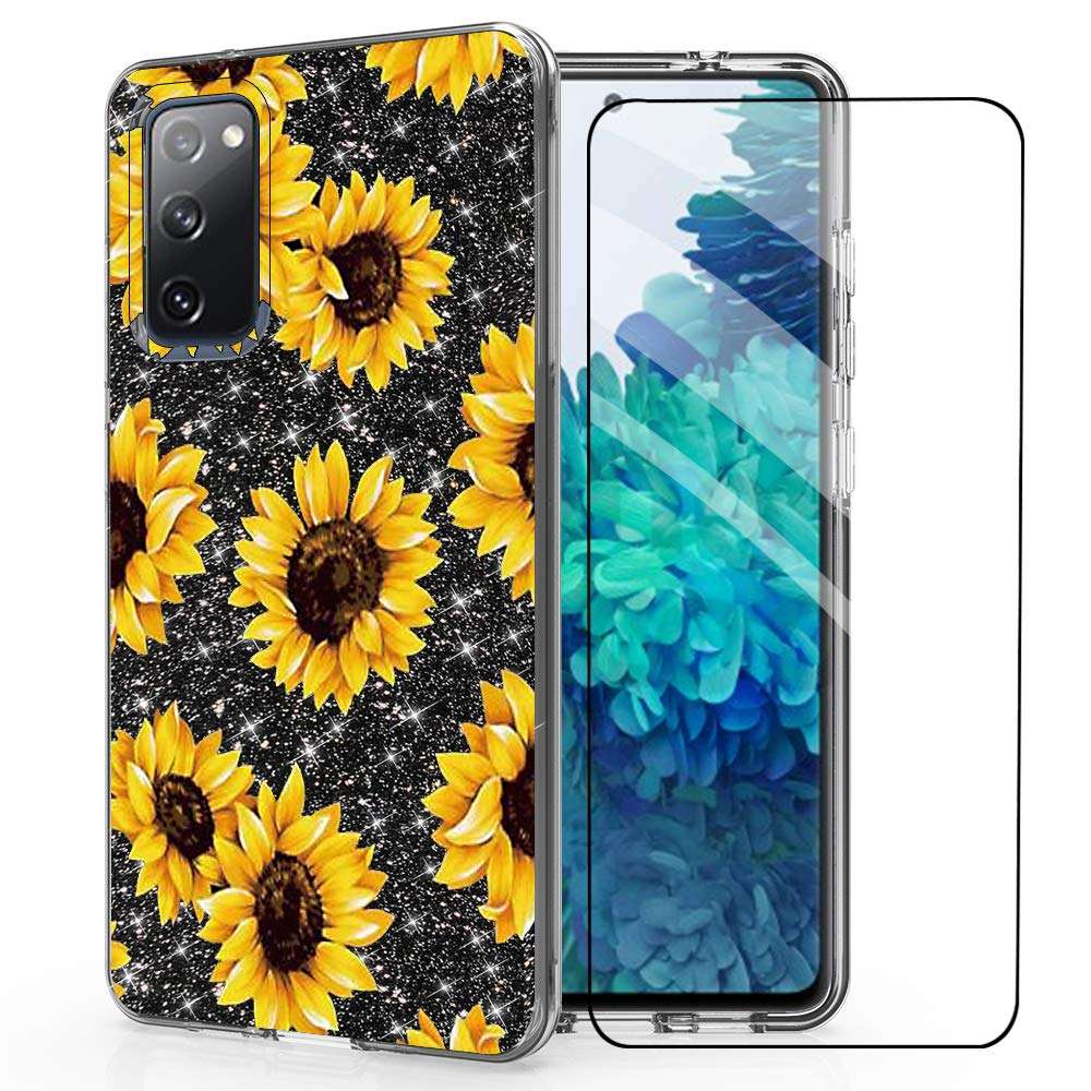for Samsung S20 Fan Edition Case,Galaxy S20 FE Phone Case,DDTKZC Tempered Glass Protector Lustre Pattern-Sparkle 3 in 1 Clear Shockproof Case for Galaxy S20 FE (Yellow Sunflower) 1