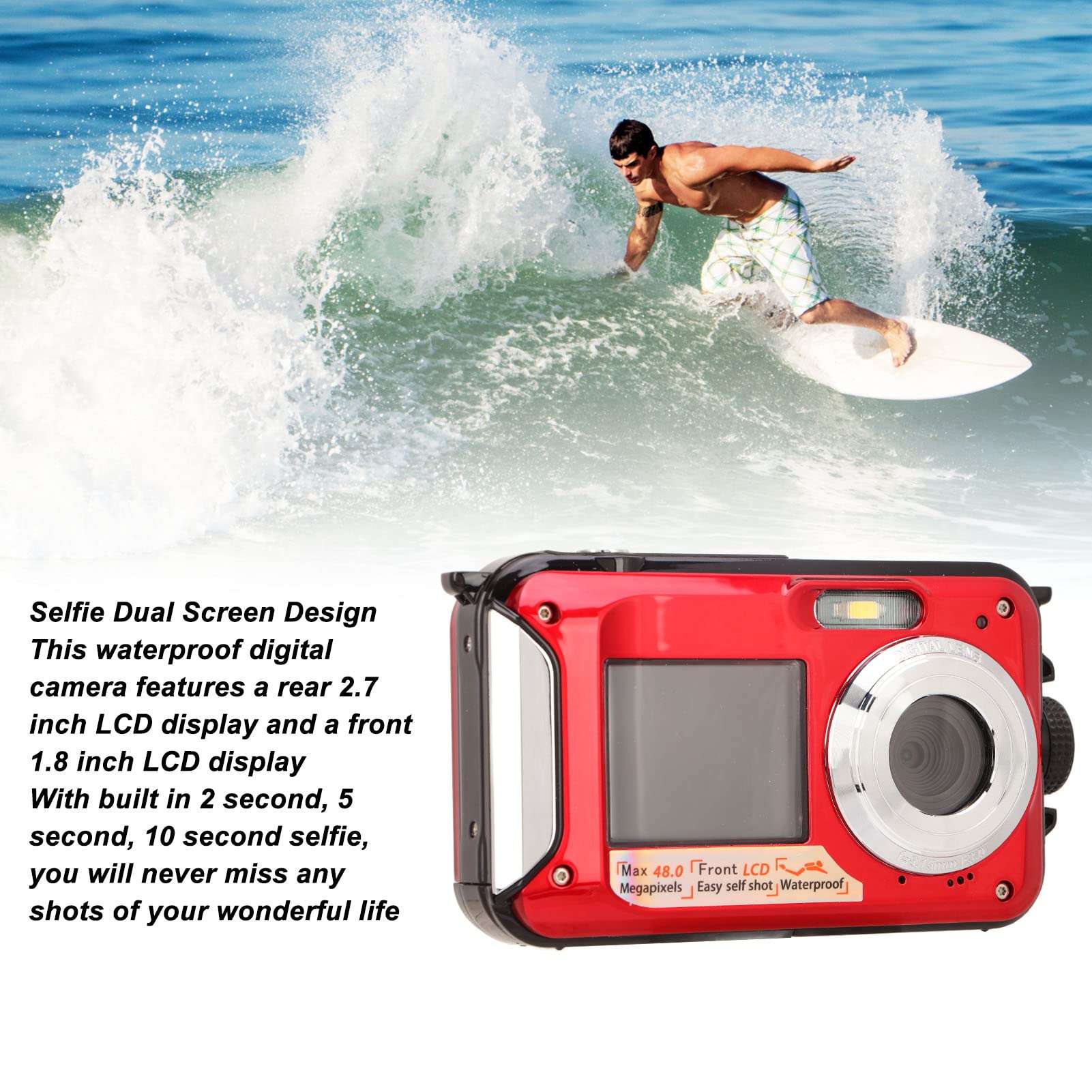 Boxwizard Full HD 2.7K 48MP 10ft Waterproof Underwater Digital Camera 16X Digital Zoom Front Rear Double Screens Waterproof Digital Camera (Red), Boxwizardzakner1730-12 3