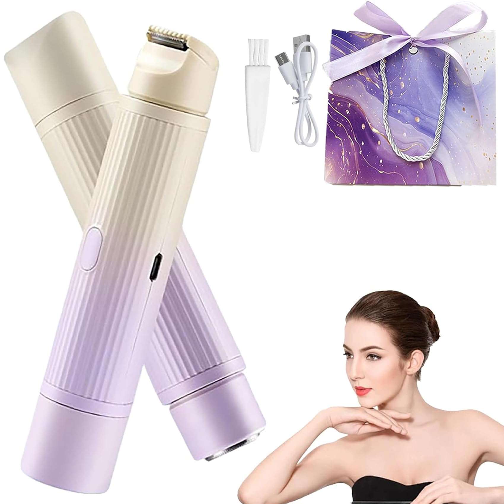 Comfort 2 in 1 Electric Lady Shaver, Dual Head Shaver Women, Bikini Trimmer for Women, Cordless Rechargeable Waterproof Women's Electric Razor Dry/Wet, for Facial Chin Underarm Legs (Purple) 1