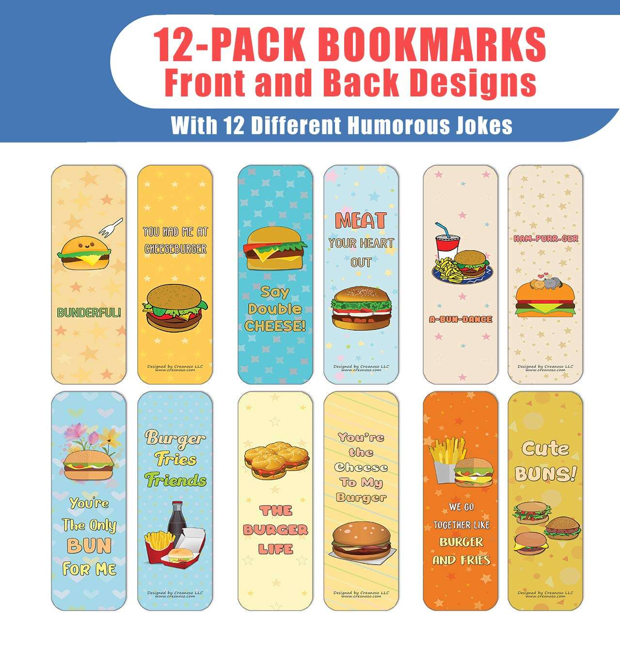 Creanoso Funny Burger Puns Bookmarks (12-Pack) - Stocking Stuffers Premium Quality Gift Ideas for Children, Teens, & Adults - Corporate Giveaways & Party Favors 3