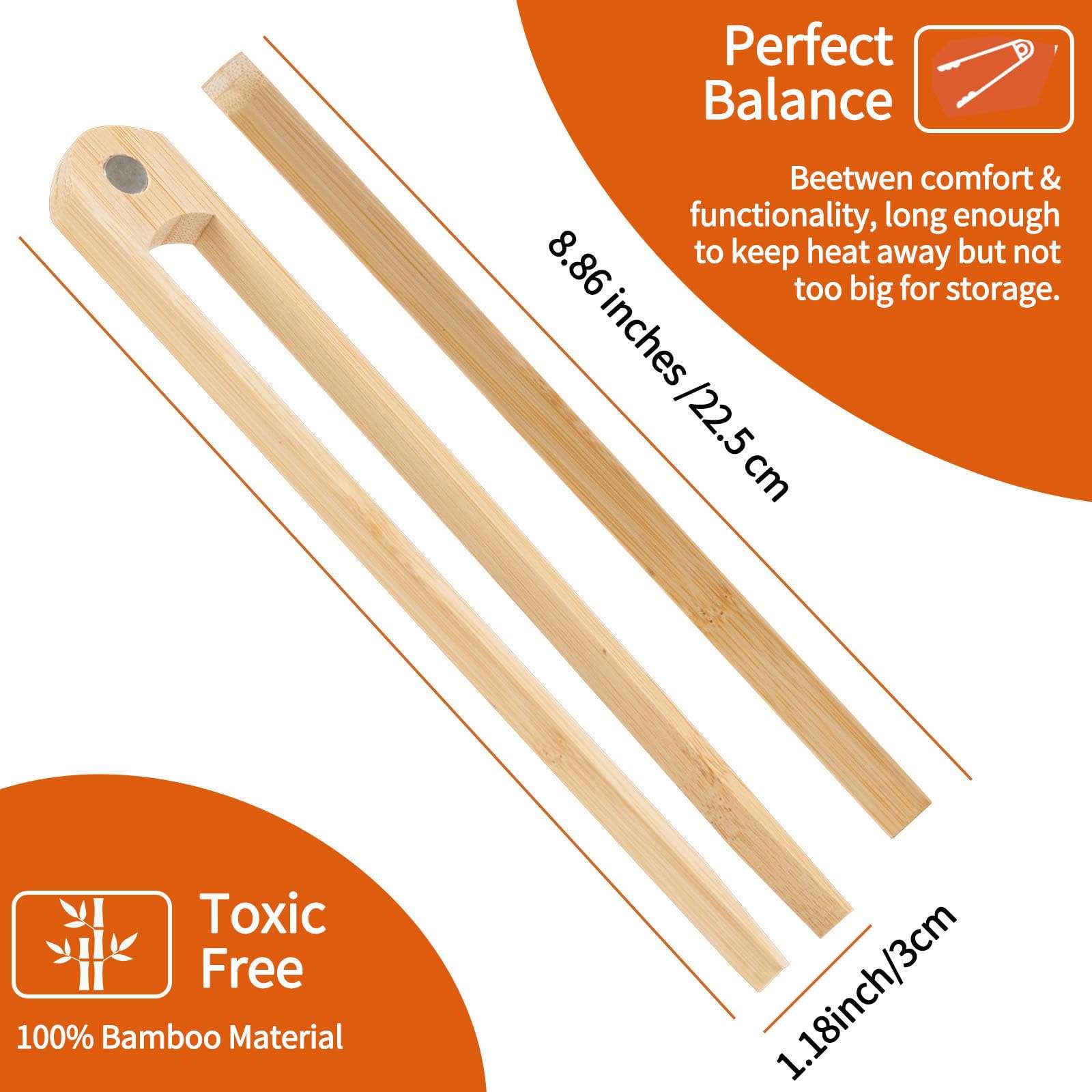 KAQISIMILA 8.9 Inch Natural Bamboo Toaster Tongs with Magnetic Holder -Kitchen Utensils for Toast, Bacon, Muffins, Bagels (2-Pack) 4