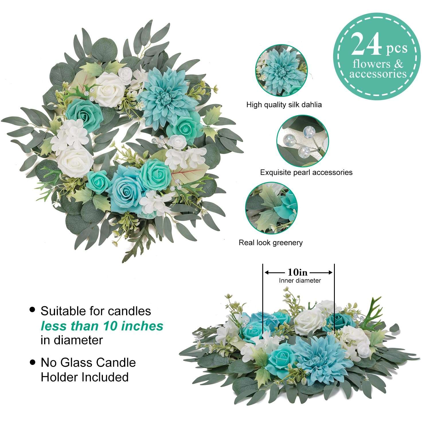 TINGE TIME Aritificial Flowers Candle Rings, 1 Pcs 15inch Diam Teal Blue Fake Rose Wreath Wedding Centerpieces for Tables Summer Garland for Front Door Weddings Party Ceremony Decor 6