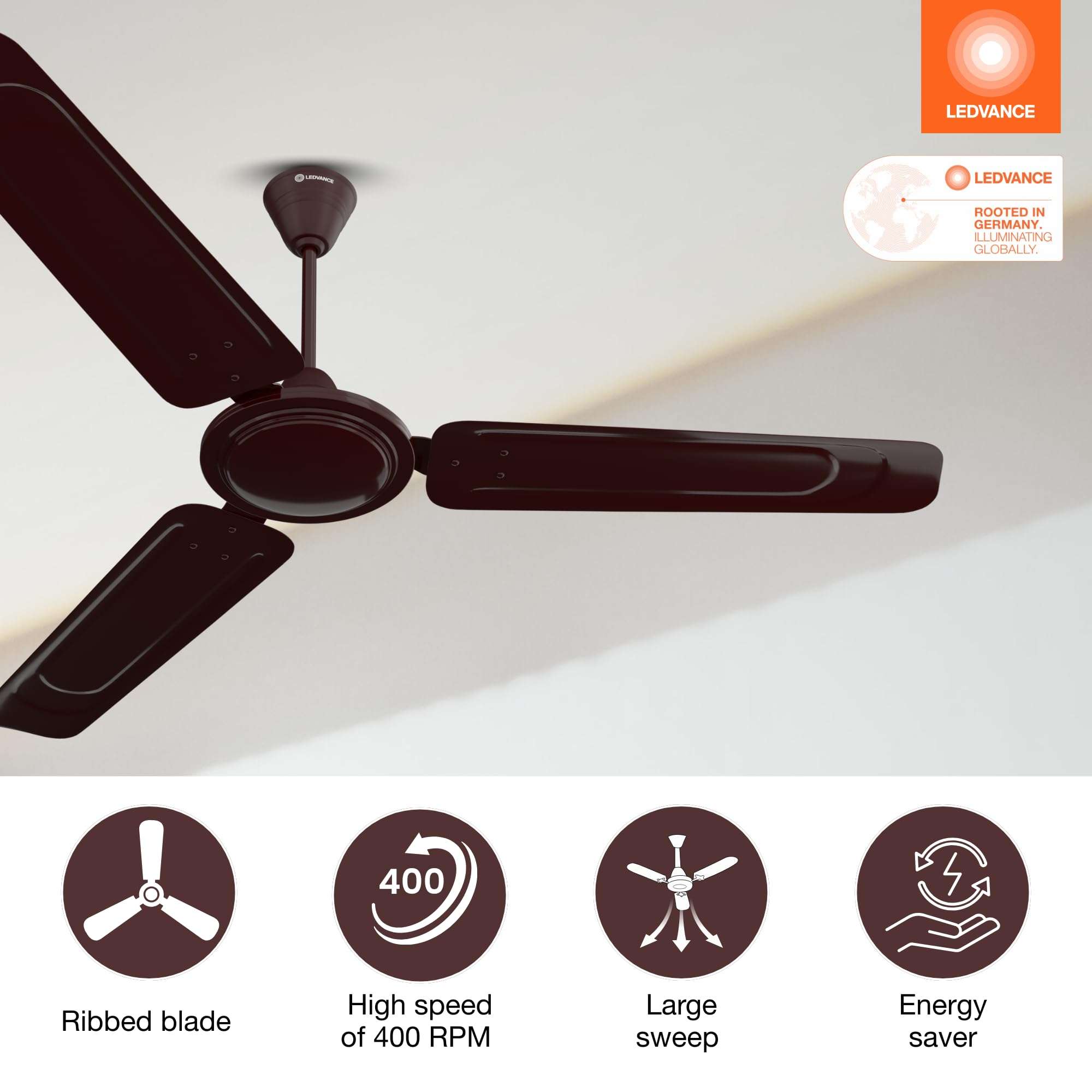 LEDVANCE Windy Ceiling Fan 1200mm | 400 RPM Speed | Low Power Consumption | Higher Air Delivery | BEE Star Rated | Heavy Motor | Suitable for Room, Schools & Offices | 2 Year Warranty - Brown 5