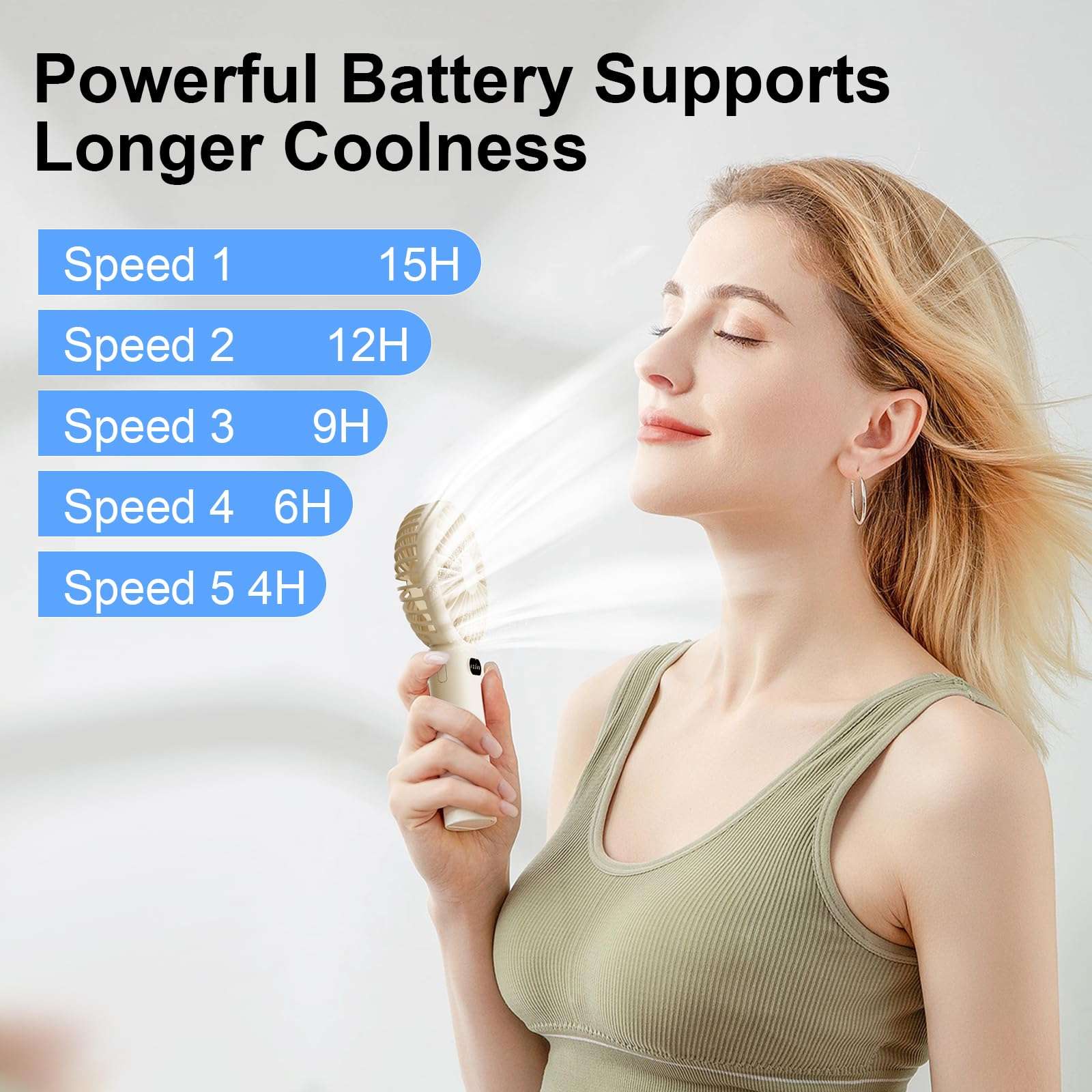 plilogo Portable Fan, Handheld Fan with LED Display, Personal Fan for 15 Hours Cooling, Small Fan with Powerful Airflow, Rechargeable Travel Fan for Outdoor Camping, Mini Fan with Phone Holder 4