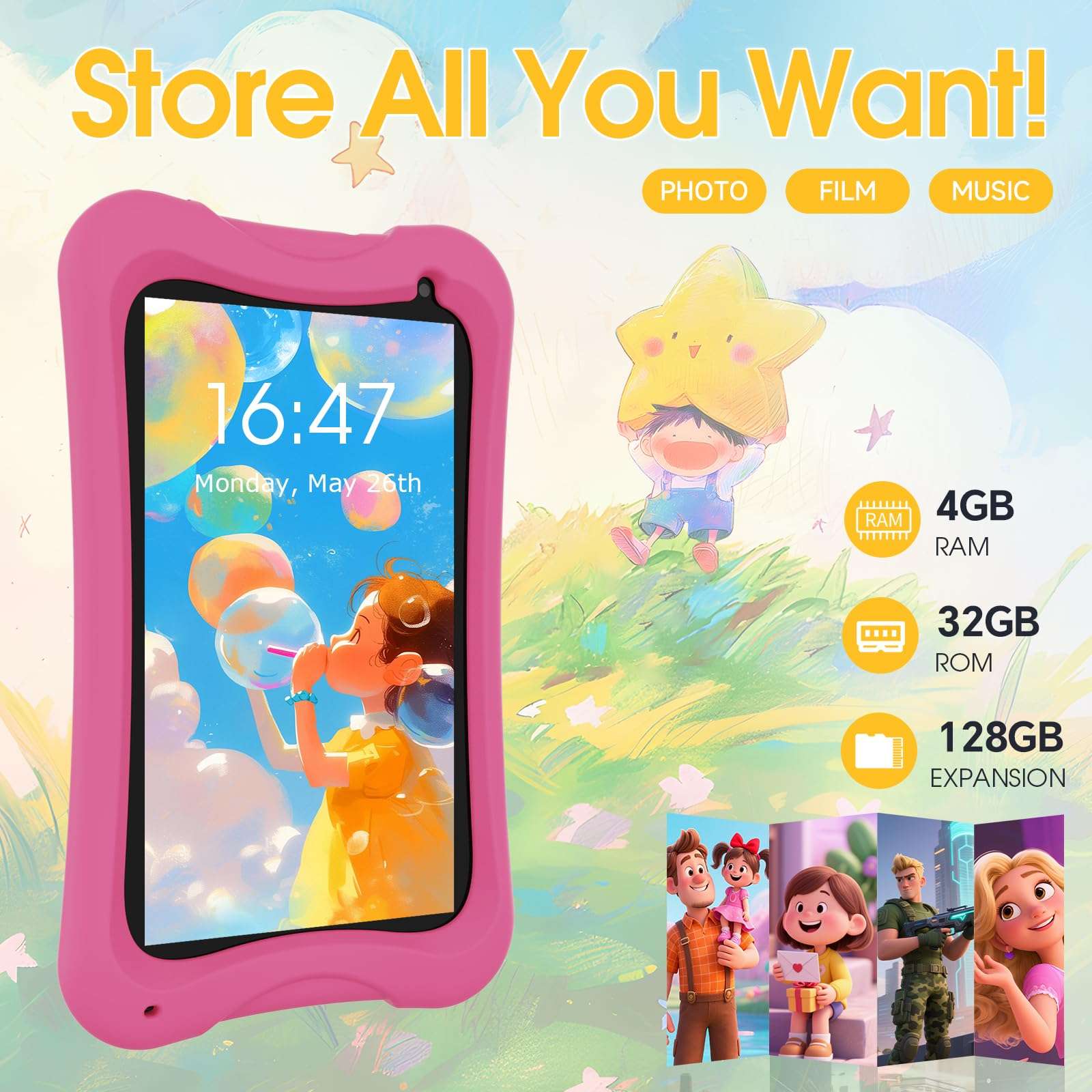 Digliand 7" Android Kids Tablet, Android 13, Quad-core Processor, 4GB+32GB, Pre-Installed Educational Apps, 2MP+5MP Dual Cameras, 3000mAh Battery, Shockproof Protective Case (Pink) 4