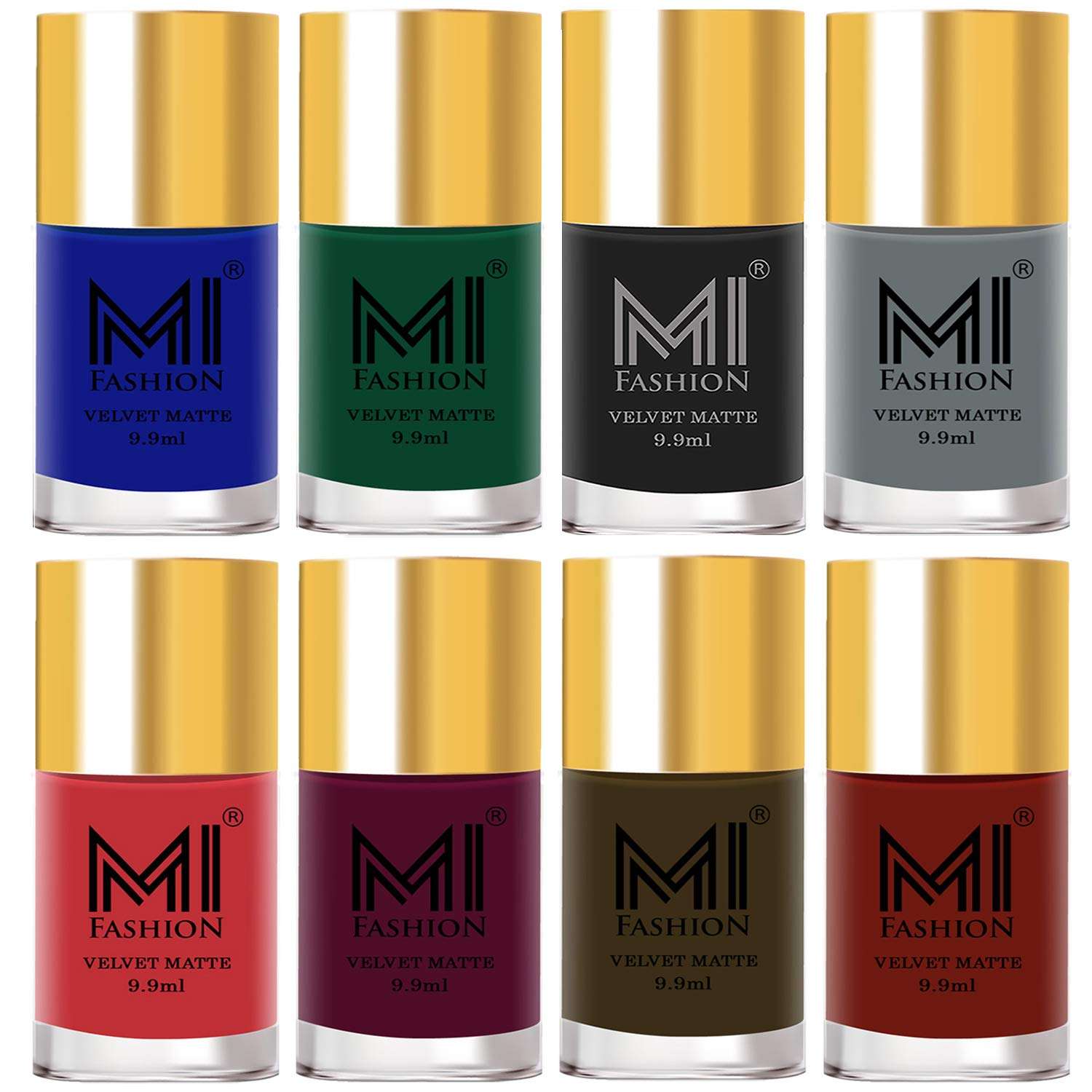 MI Fashion Unique Velvet Matte Nail Polish Sets Cosmetics Nail Paint Royal Blue,Green,Black,Grey,Cherry Red,Light Peach,Olive Brown,Magenta (Pack of 8)