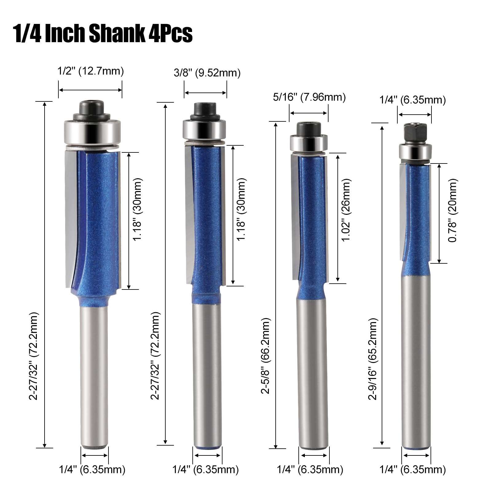 Downcut Bit 1/8" Shank,Flush Trim Router bit 1/4 Shank Bearing Flush Trim Router Bit, 45 Degree Lock Miter Router Bit 3-Piece Set 6