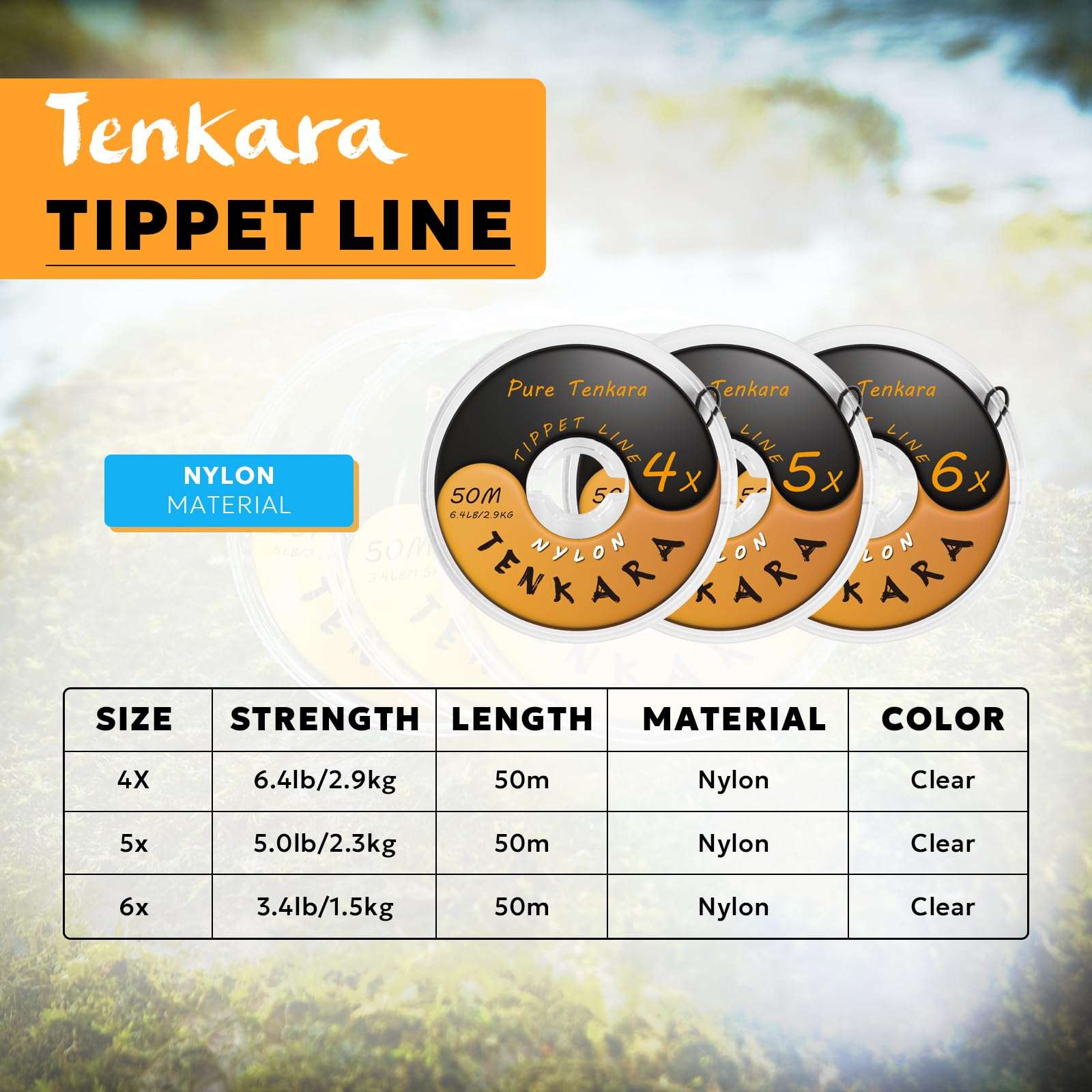 Pure Tenkara 4X Fly Fishing Tenkara Nylon Tippet Lines Freshwater Clear 6.4LB/2.9KG, 50M 4
