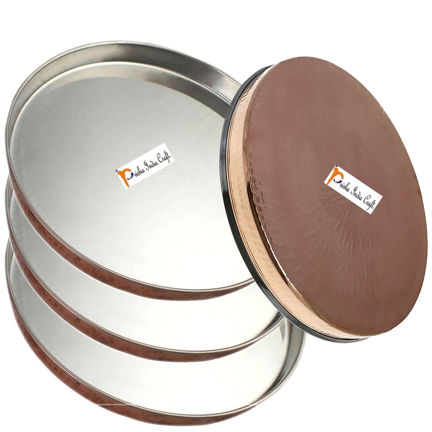 Prisha India Craft Copper Stainless Steel Large Dinner Plate Thali Set Dinnerware - Copper Dinner Set Online India - 4 Thali Set, 1 Jug 4