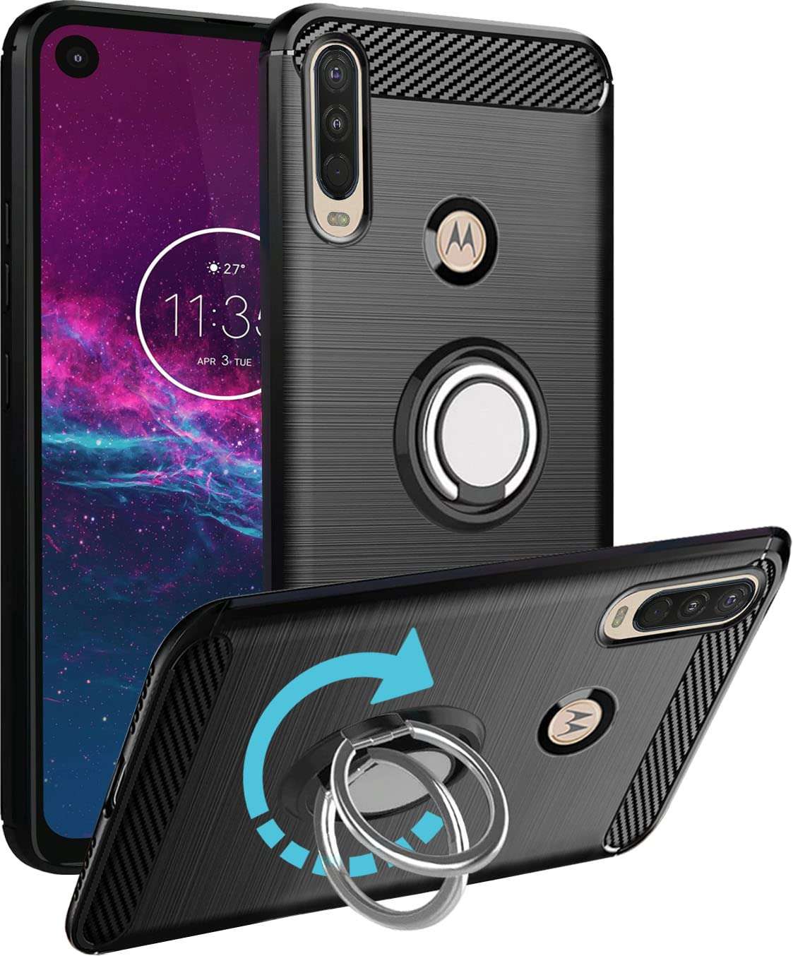 Unistuff Back Case Cover for Motorola One Action, Moto One Action, Motorola Moto One Action | Ring Stand | Premium Finish | Camera Protection - Night Black, 76564 1