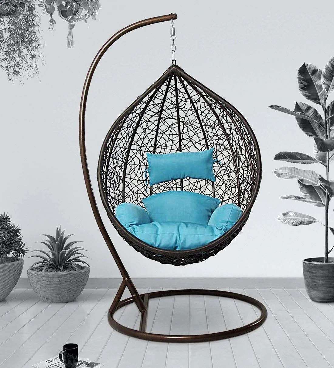 Swing Chair with Stand & Cushion & Hook Outdoor Indoor ( Stand-Black, Basket- Black, Cushion-Sky Blue)