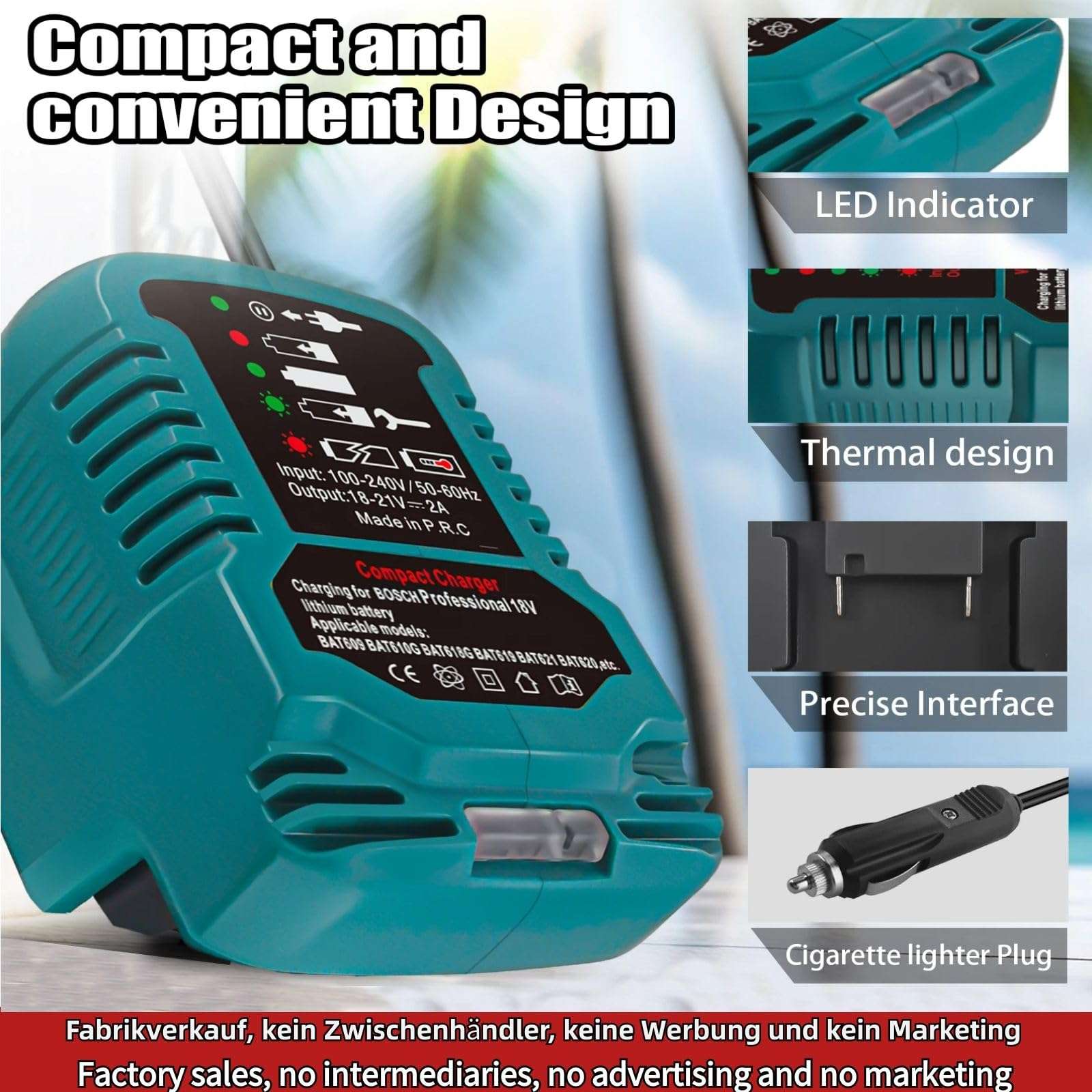 Charger for Bosch 18V Battery Replacement,for Bosch 18V GBA Mini Portable Car Compact Chargers,with Cigarette Lighter Plug Vehicle 4