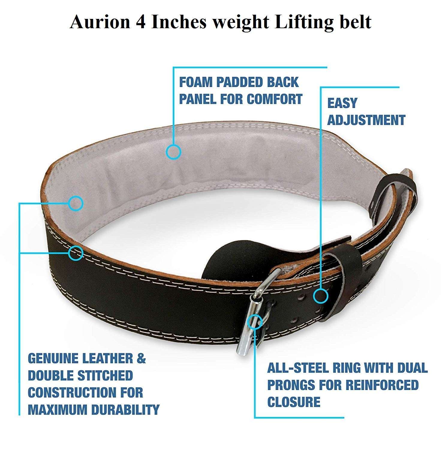 Aurion 4inch Waist Belt Genuine Leather Exercise Weight Lifting Belt For Gym | Deadlift Belt With Buckle | Squat Belt | Man Woman Training Belt | Power Lift Belt | Back Belt For Workout (Large, Black) 6