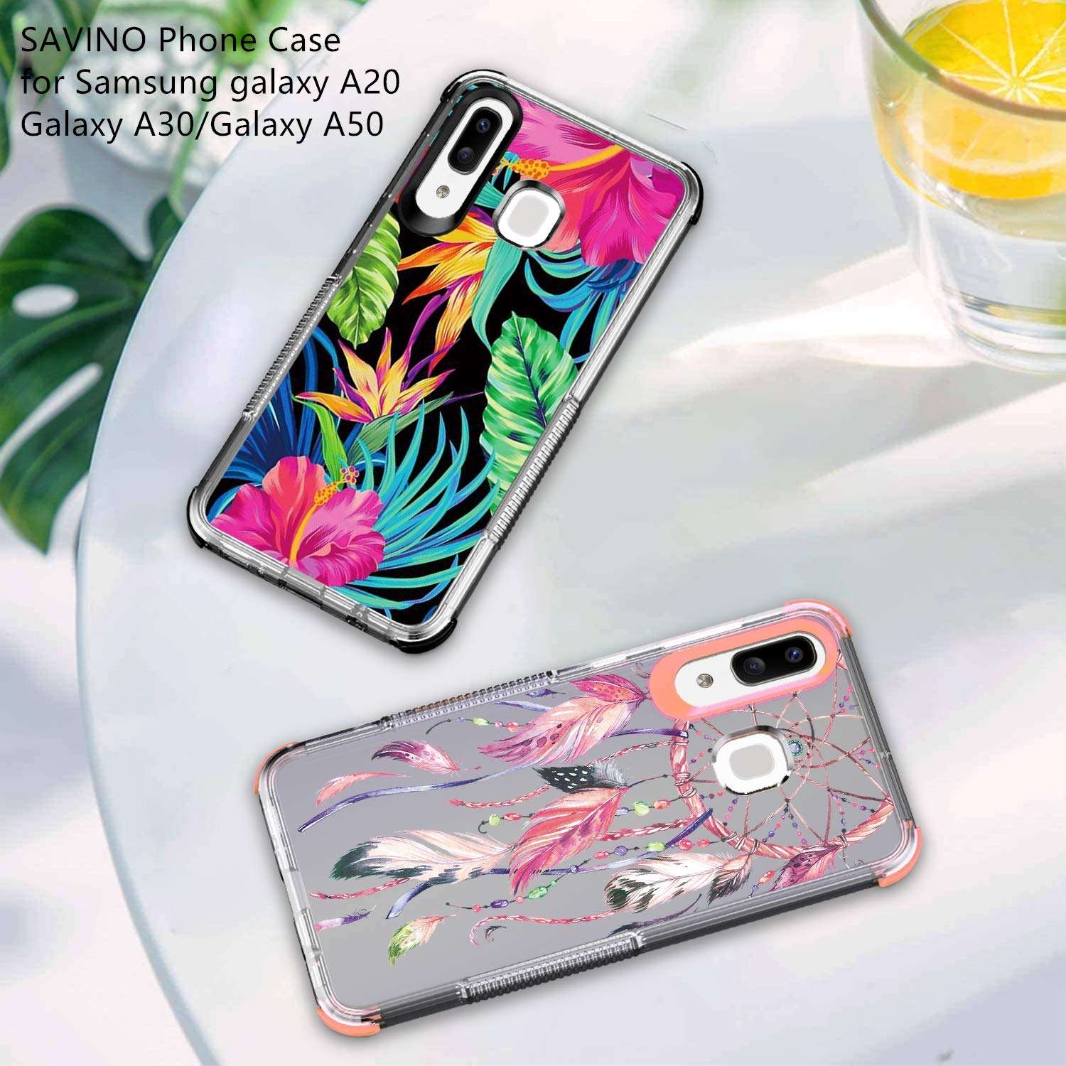 Savino for Samsung Galaxy A20, A30 A50 Phone Case, Lightweight Case with Galaxy A20, Galaxy A50 Tempered Glass Screen Protector Full Cover with Heavy Duty Corners Protection (Floral Black) 5