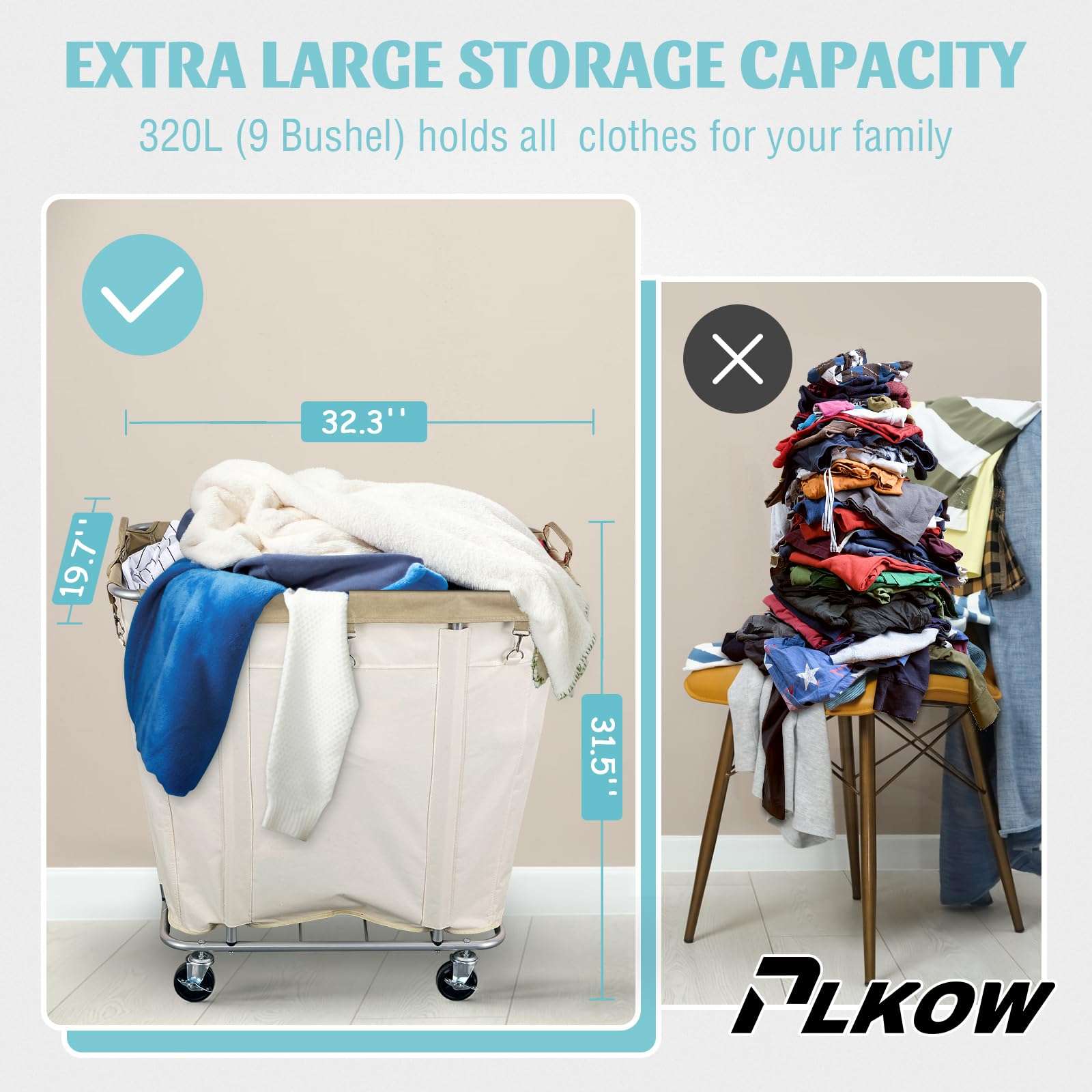 PLKOW Laundry Cart with Wheels 320L Large Rolling Laundry Cart for Commercial/Home, Rolling Laundry Basket with Steel Frame and Waterproof Lining, 9 Bushel, 32.3L x 19.7W x 30.7H Inch, Beige 2