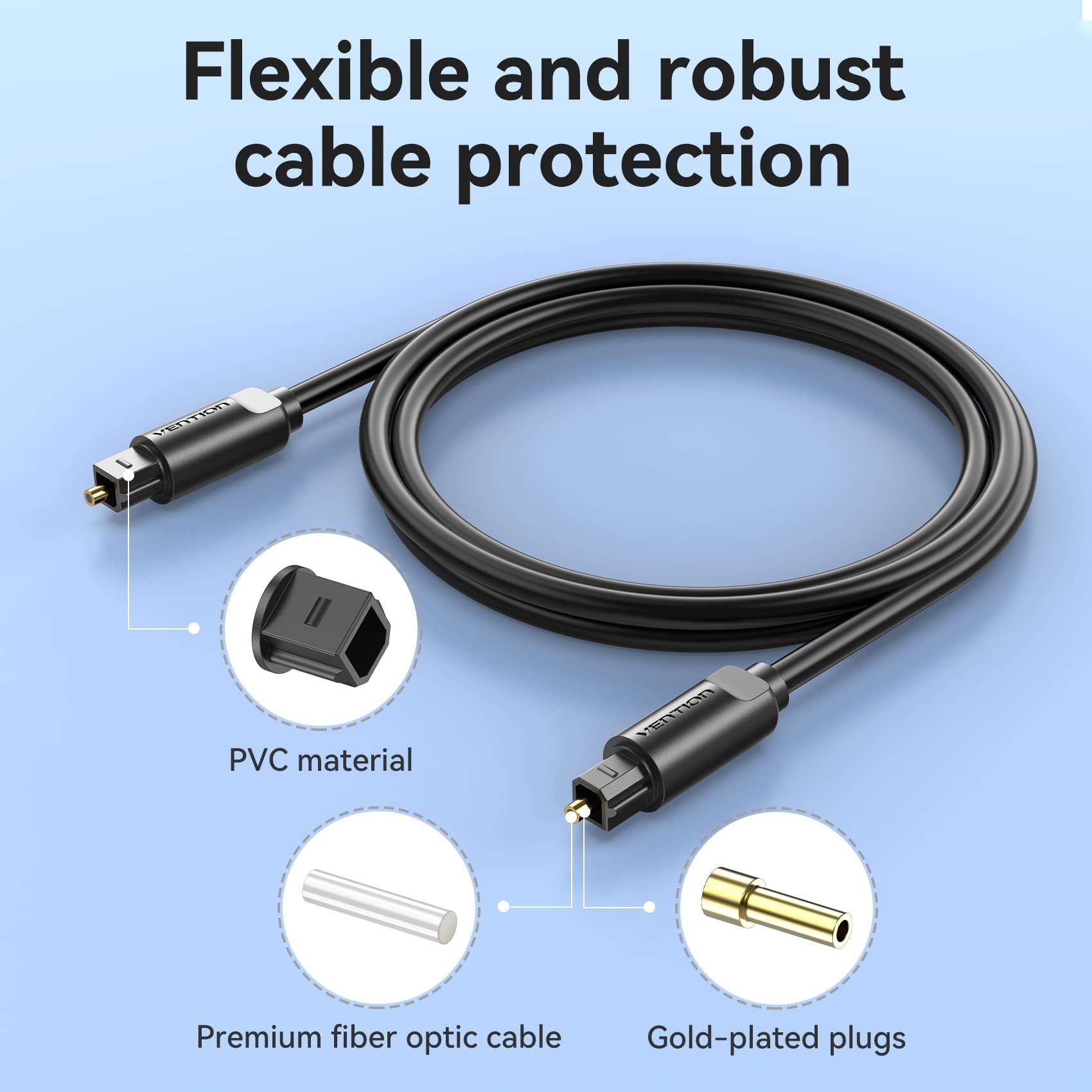 VENTION Digital Optical Audio Cable 3.3ft Fiber Toslink Audio Cord S/PDIF Port for Blu-ray CD DVD, Sound Bar,Smart TV, Home Theater, Xbox, PS4 6