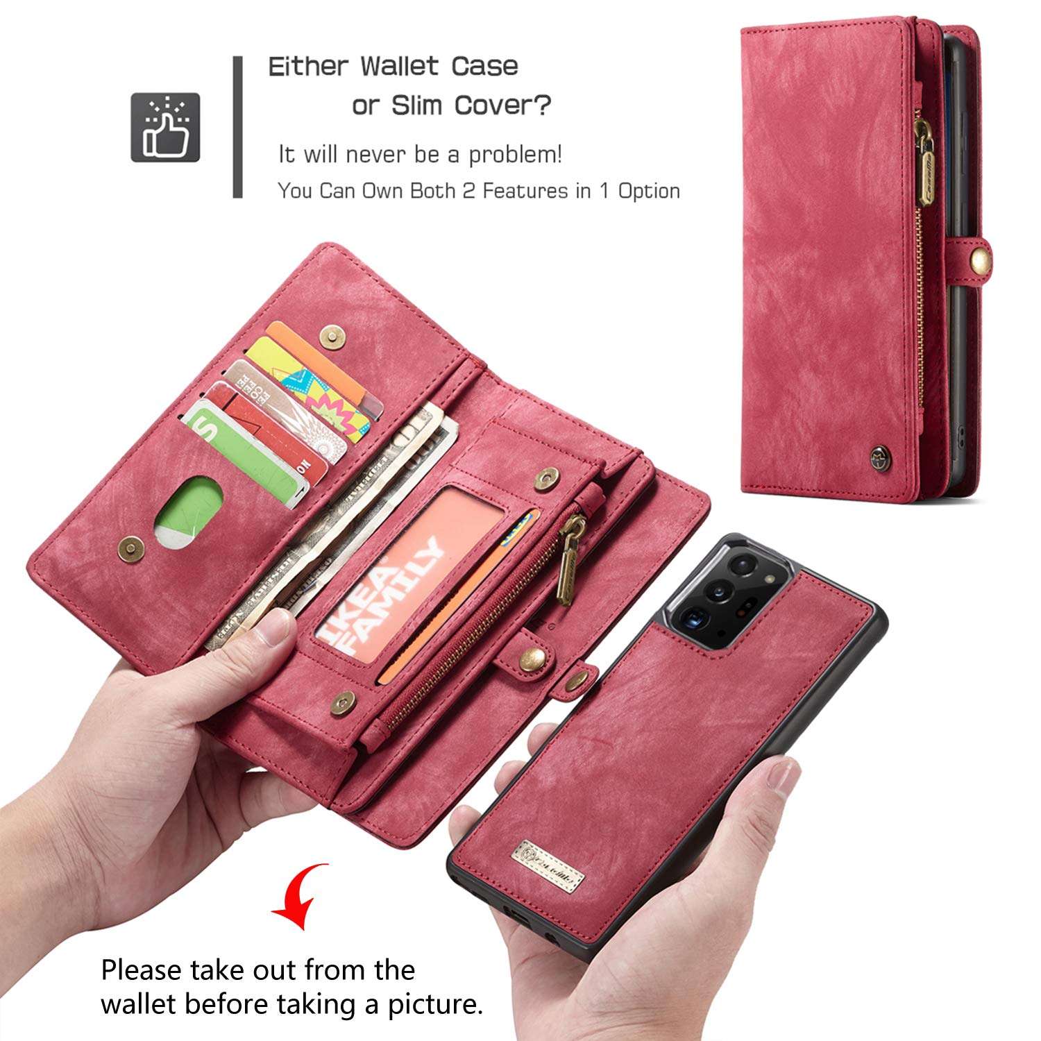 Zttopo Galaxy Note 20 Ultra Wallet Case, 2 in 1 Premium Leather Zipper Detachable Magnetic 11 Card Slots Money Clutch for Samsung Note 20 Ultra Folding Flip Case Wallet (Red, (6.9'')) 3