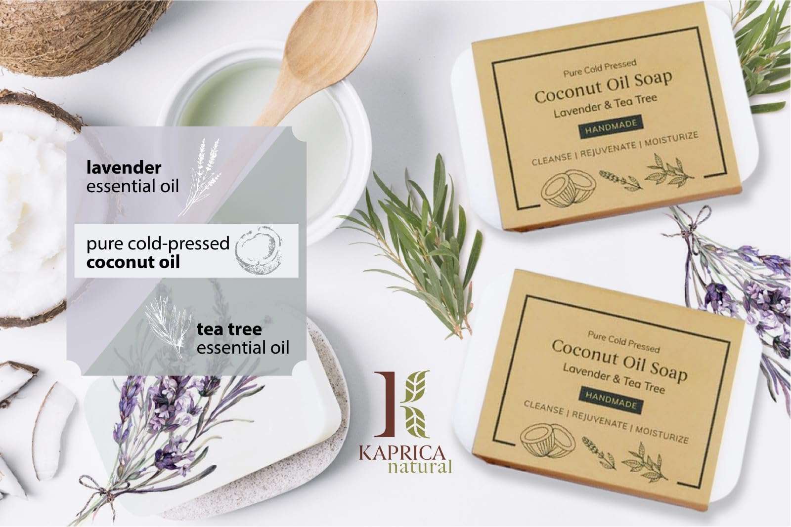 Kaprica Natural Handcrafted Pure Cold Pressed Coconut Oil Soap- Lavender and Tea Tree (pack of 5) 5