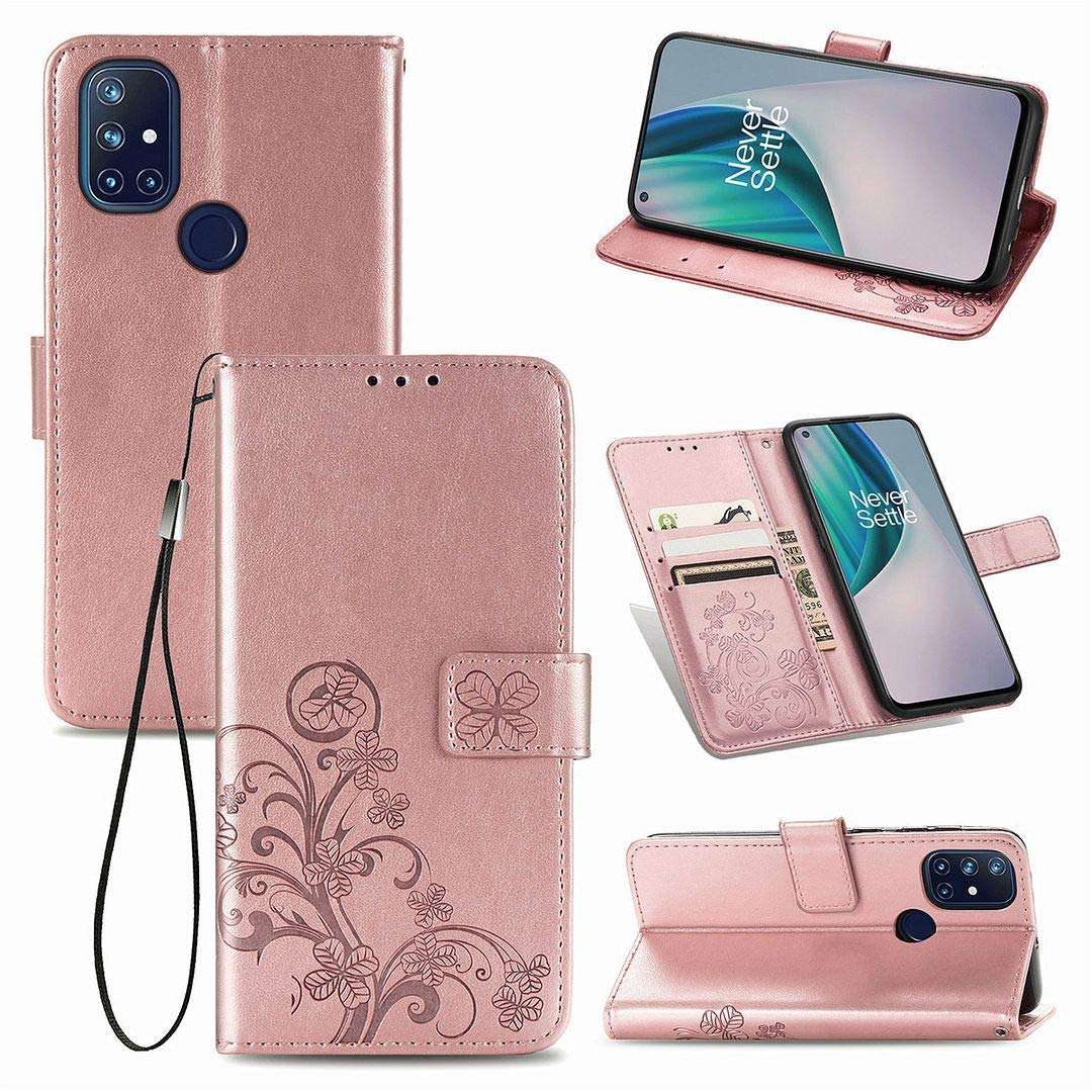 SATURCASE Case for OnePlus Nord N10 5G, Lucky Clover PU Leather Flip Magnet Wallet Stand Card Slots Protective Cover with Hand Strap for OnePlus Nord N10 5G (Rose Gold) 1