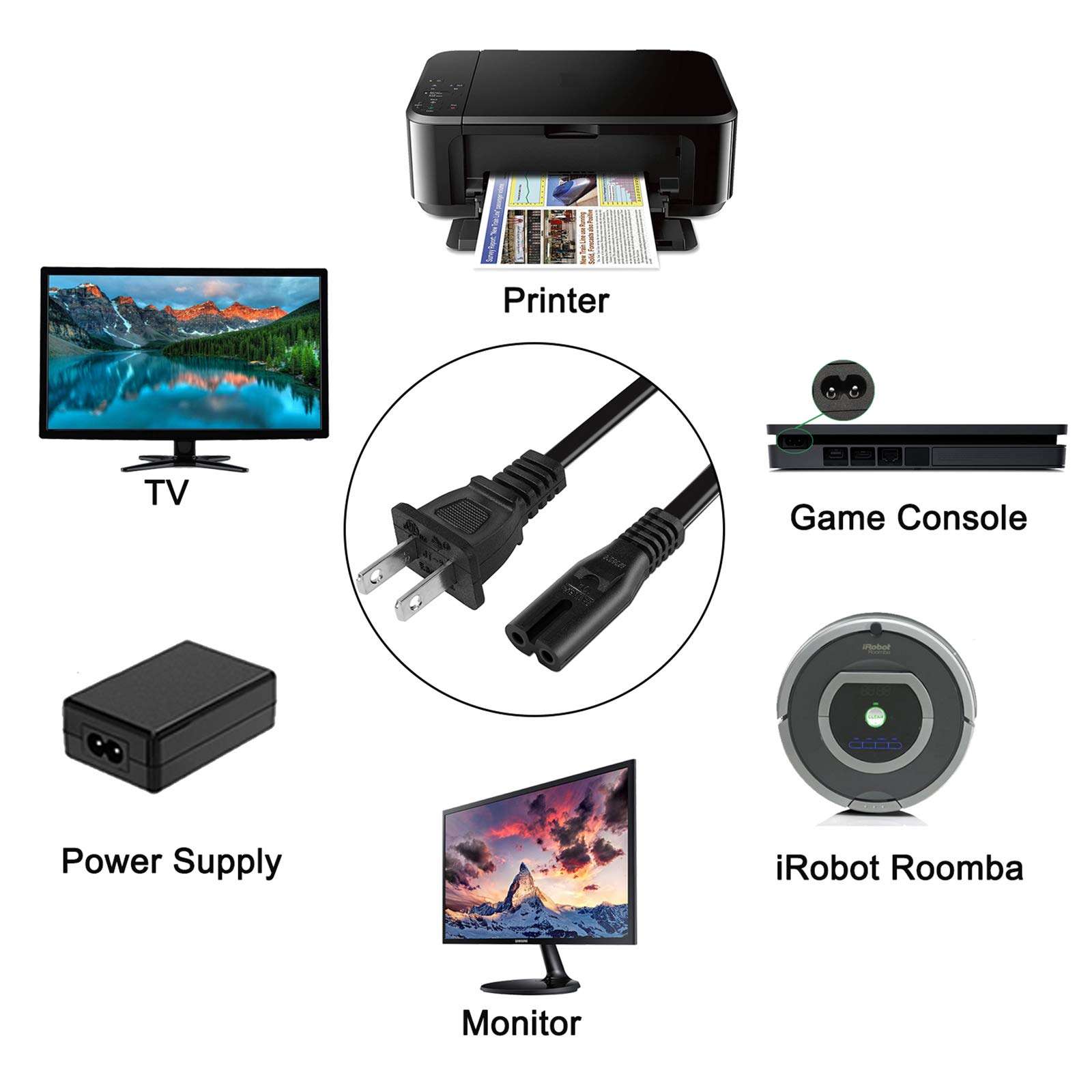 Power Cord Cable Compatible HP Officejet 4630 7510 7520 7525 6600 6700 Printer 2 Prong 5.9ft [UL Lised] 4