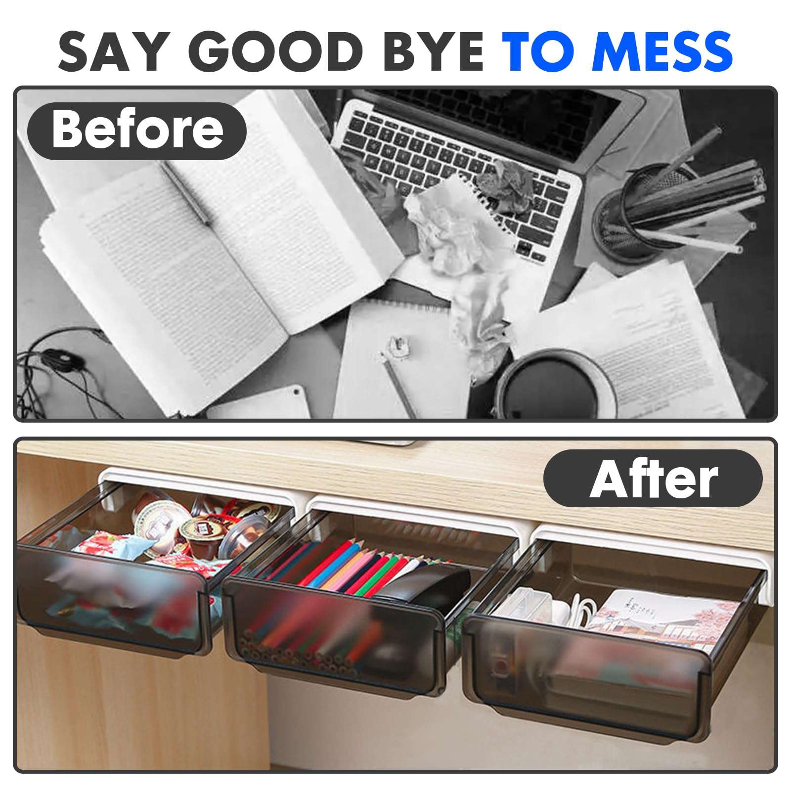 Davidsons Collection Self-adhesive Under Desk Drawer, 2 Packs Table Hidden Organizer Slide Out Large Storage Desktop Pencil Tray for Office Home School Kitchen , Matte Black 4