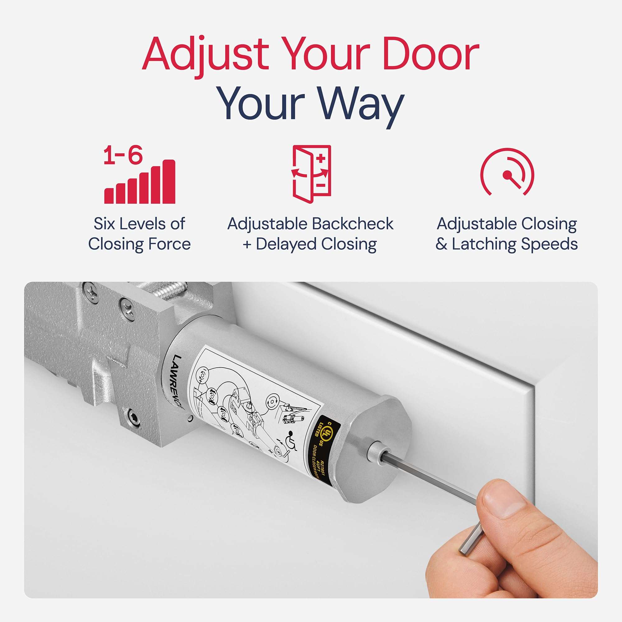 Lawrence Extra Heavy Duty Door Closer Commercial Grade 1 - Adjustable 6-Speed Delayed-Action Door Control with 3 Pistons – Flexible Installation with Included Hardware - Embassy Series LH8016 3