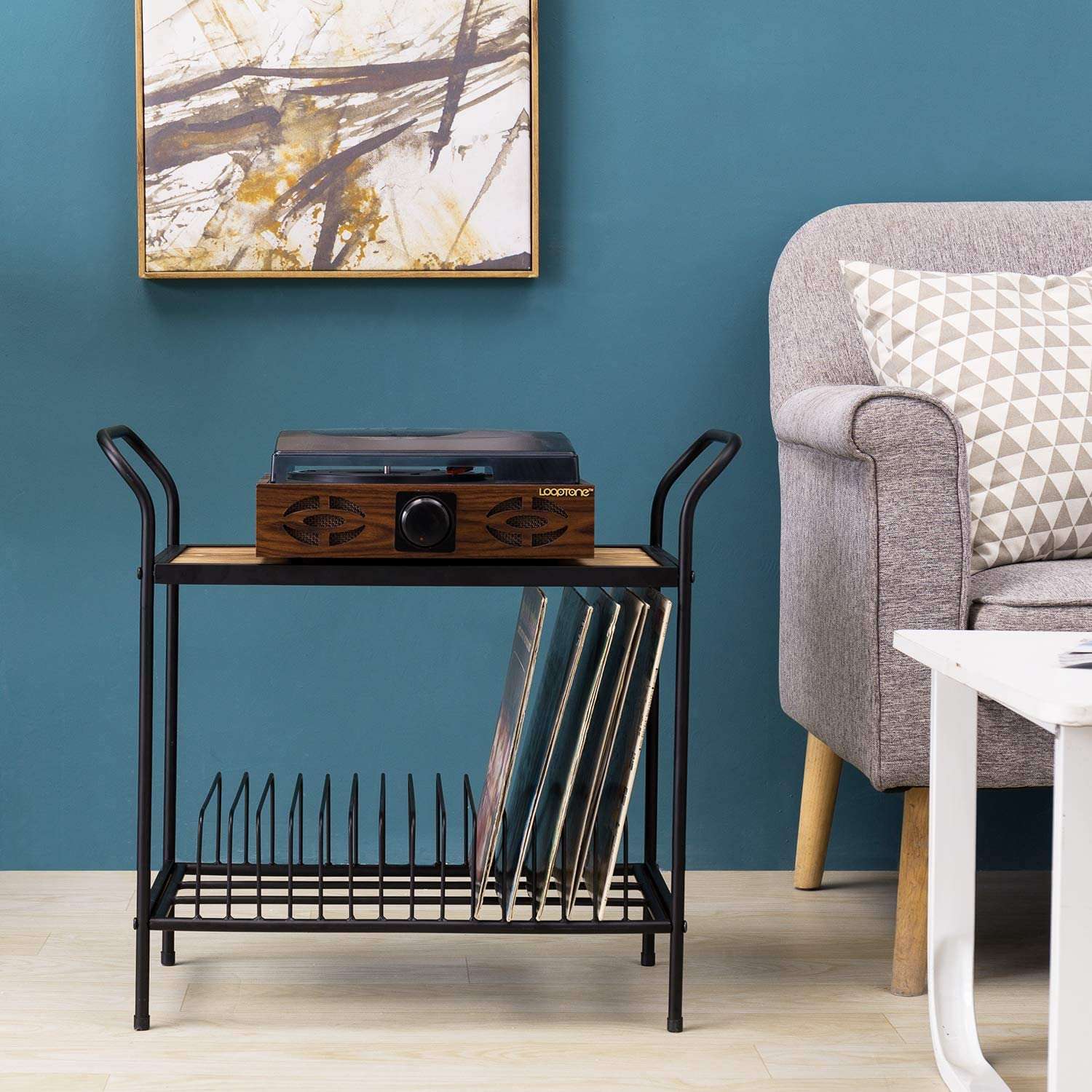 INDIAN DECOR 25007 Classic 2 Tier Black Metal Record Player Turntable Stand with Vinyl Storage, Vintage Brown Wood Top Display Shelf and 14 Slots for Record Album Sleeve Holder 4