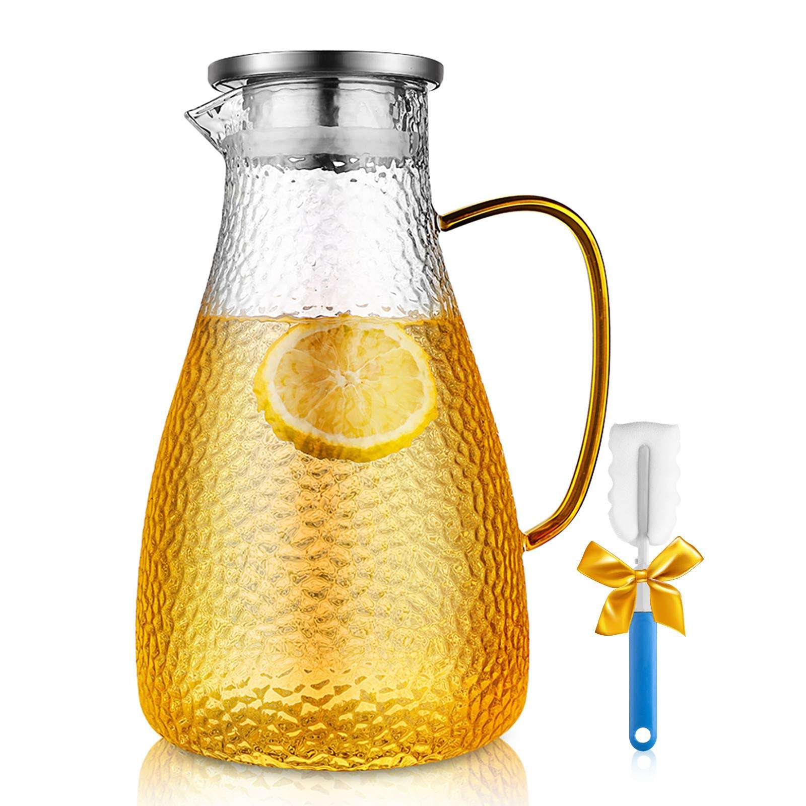 85 Ounces Glass Pitcher, ONEISALL Water Carafe with Filter Lid and Drip-free Spout, Thicker Heat Resistance Beverage Carafe for Hot/Cold drinks & Iced Tea, Durable, Cleaning Brush Included