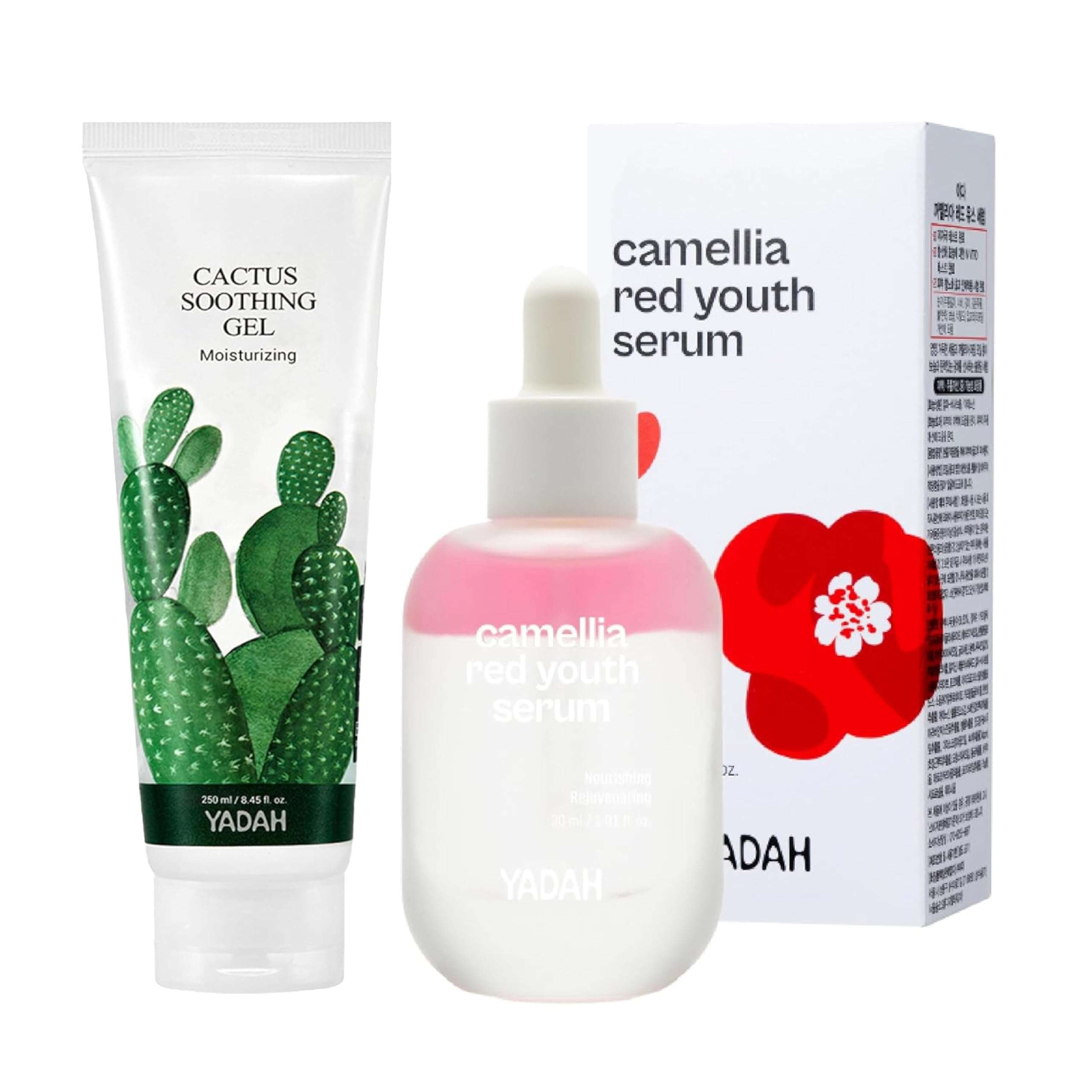 YADAH Cactus Soothing Gel 8.45fl oz & Camellia Red Youth Serum 1.01fl oz - Vegan Sunburn Relief, Calm, Cool & Soothe Irritated Skin Korean Skin Care - Wrinkle care Hydratin & Firming care Facial Serum 1