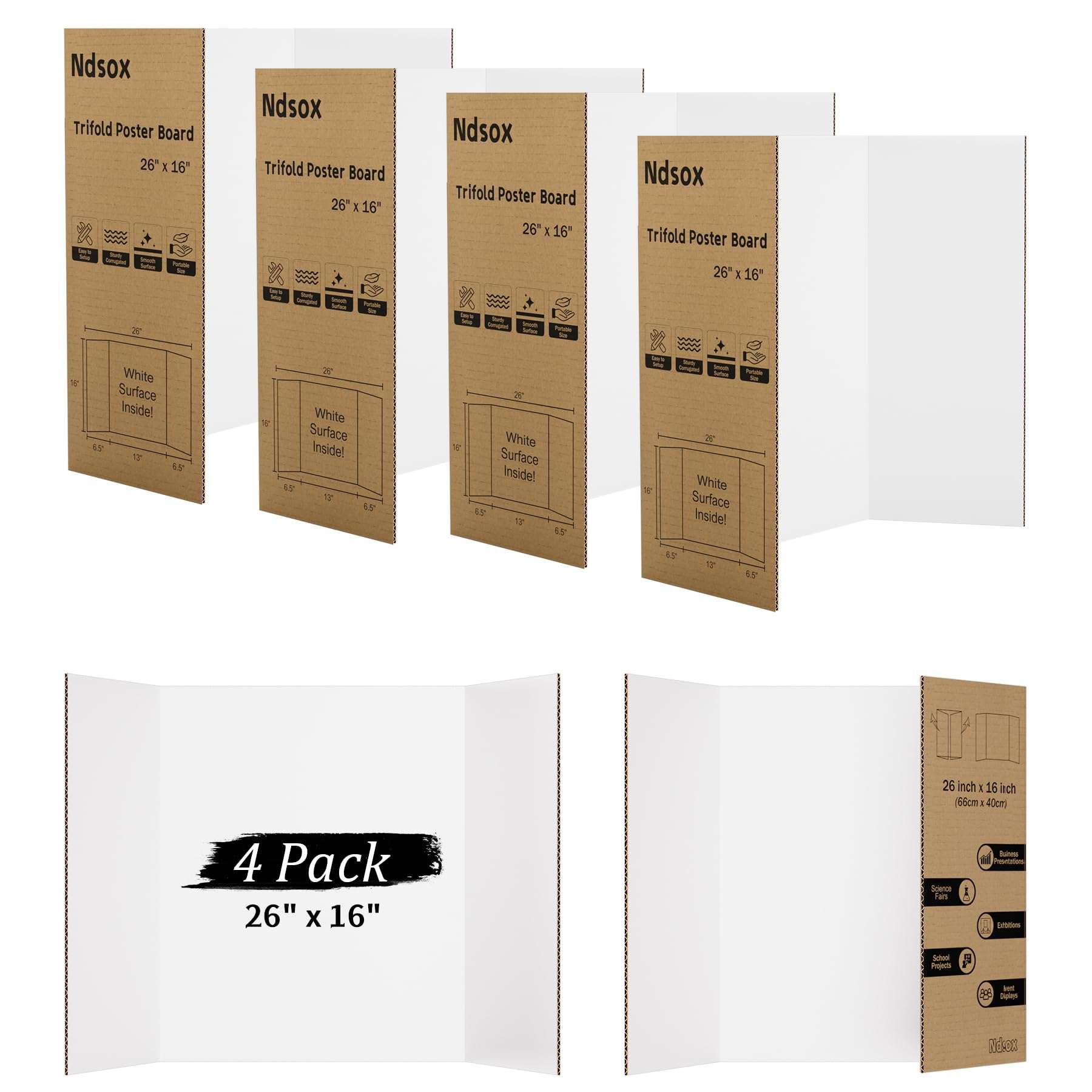 Ndsox 4 Pack 26" x 16" White Trifold Poster Board Medium Size Corrugated Tri Fold Project Poster Boards Science Fair Display Posterboards for Business Presentations, Event Displays, Art Exhibitions