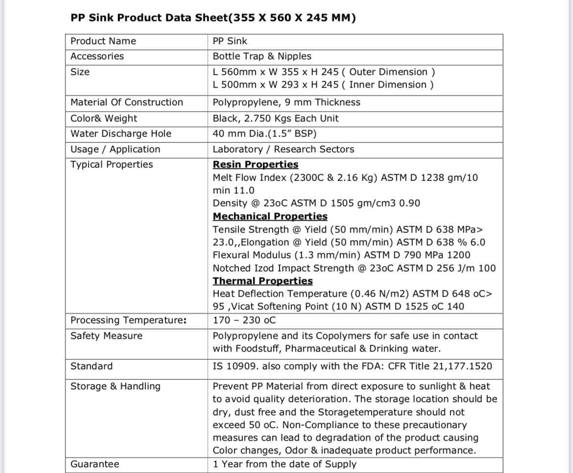 Laboratory PP Sink, Black, 560 x 355 x 245 mm, with Nipples 4
