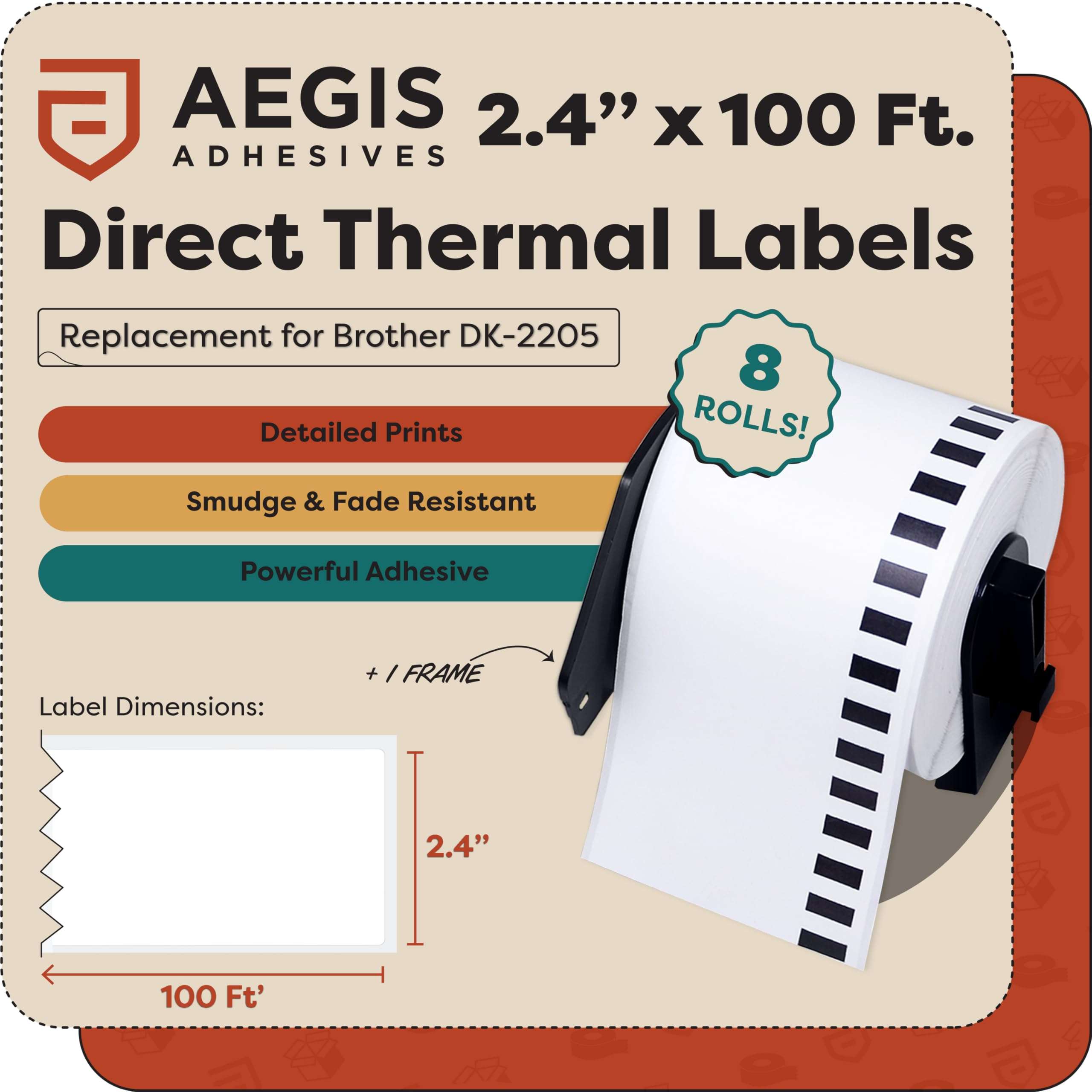 Aegis Adhesives - Compatible Label Replacement for Brother DK-2205 (2.4" X 100 Ft.) Continuous Paper Tape, Use with QL Label Printers - 8 Rolls + 1 Frame 2