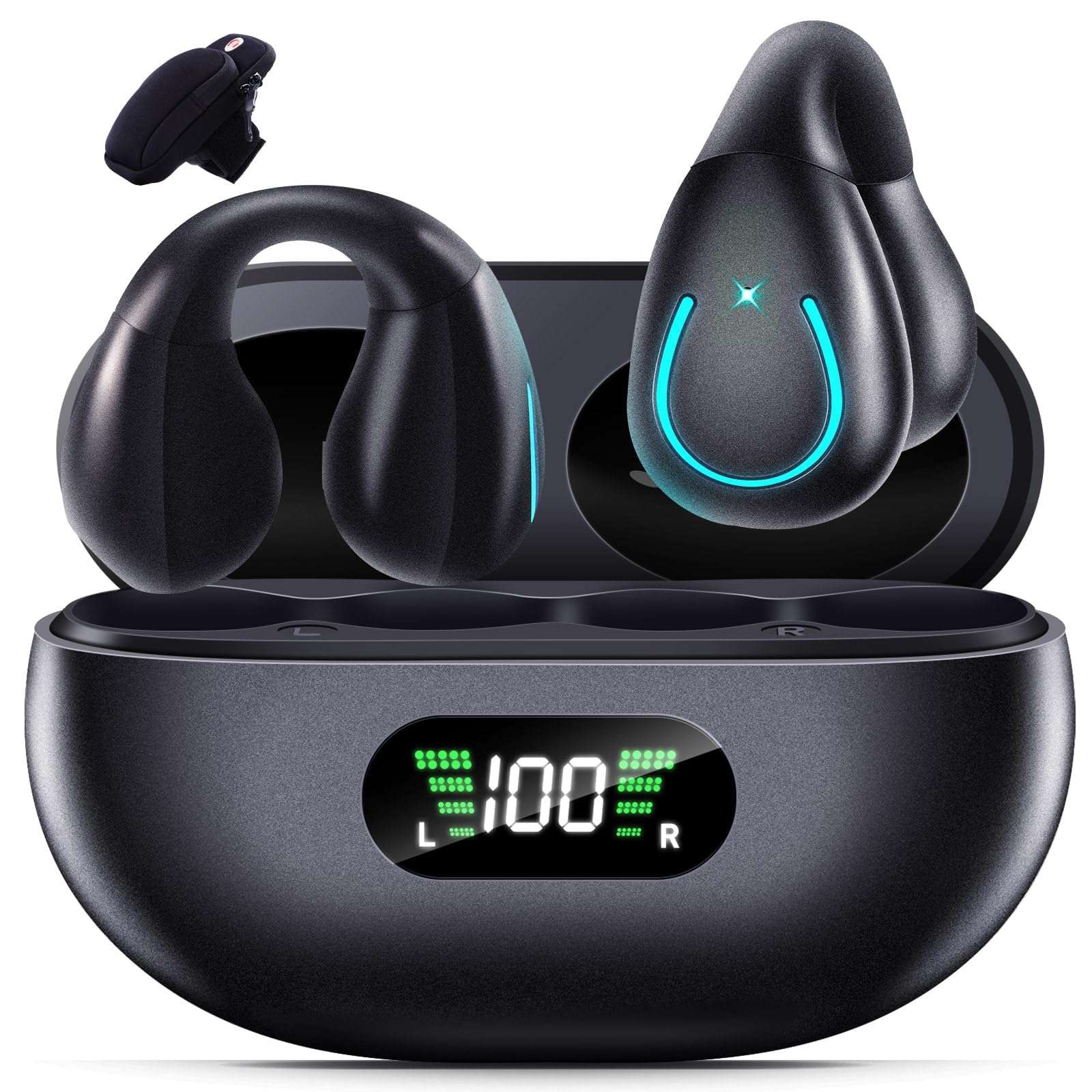 TUTGLOBAL Ear Buds Wireless Bluetooth Earbuds 5.3,Ultra Open Ear Earbuds,Clip on Headphones,Waterproof Sports Earphones Built-in Mic with Charging Case,Extra Armband Phone Holder,Aware of Surroundings 1