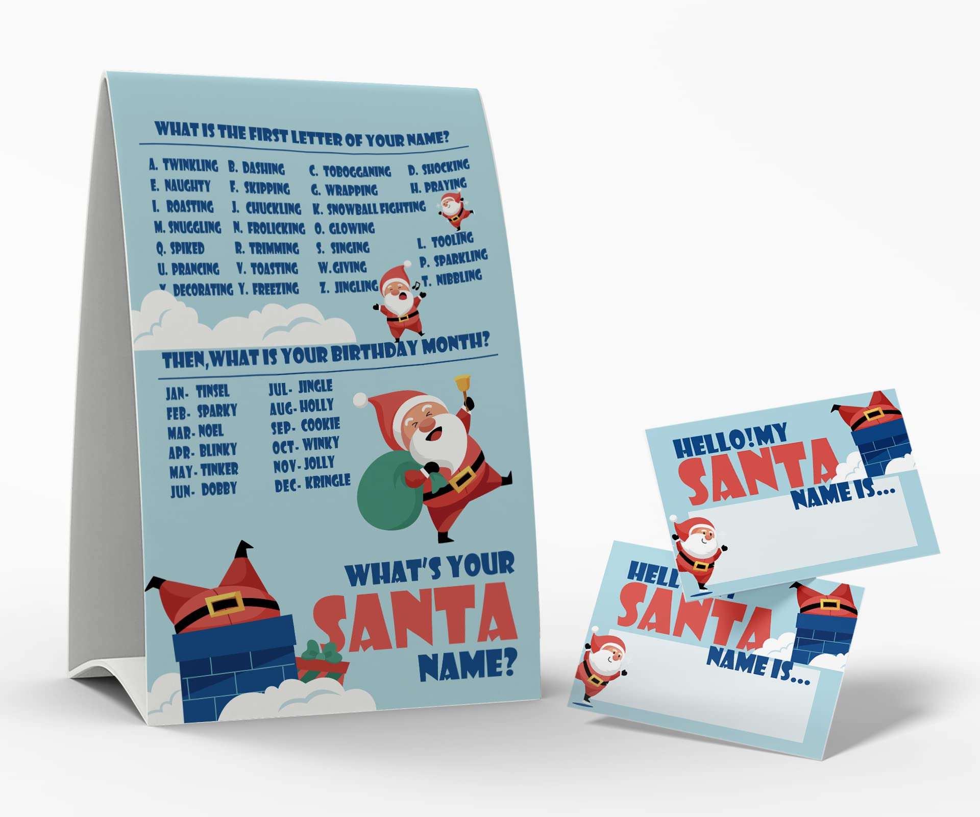 What's Your Santa Name Game, 1 Santa Theme Sign and 50 Name Tag Stickers, Christmas Party Games, Birthday Game for Kids and Adult Parties, Activity Game for Office or Class | JRKP055L 1
