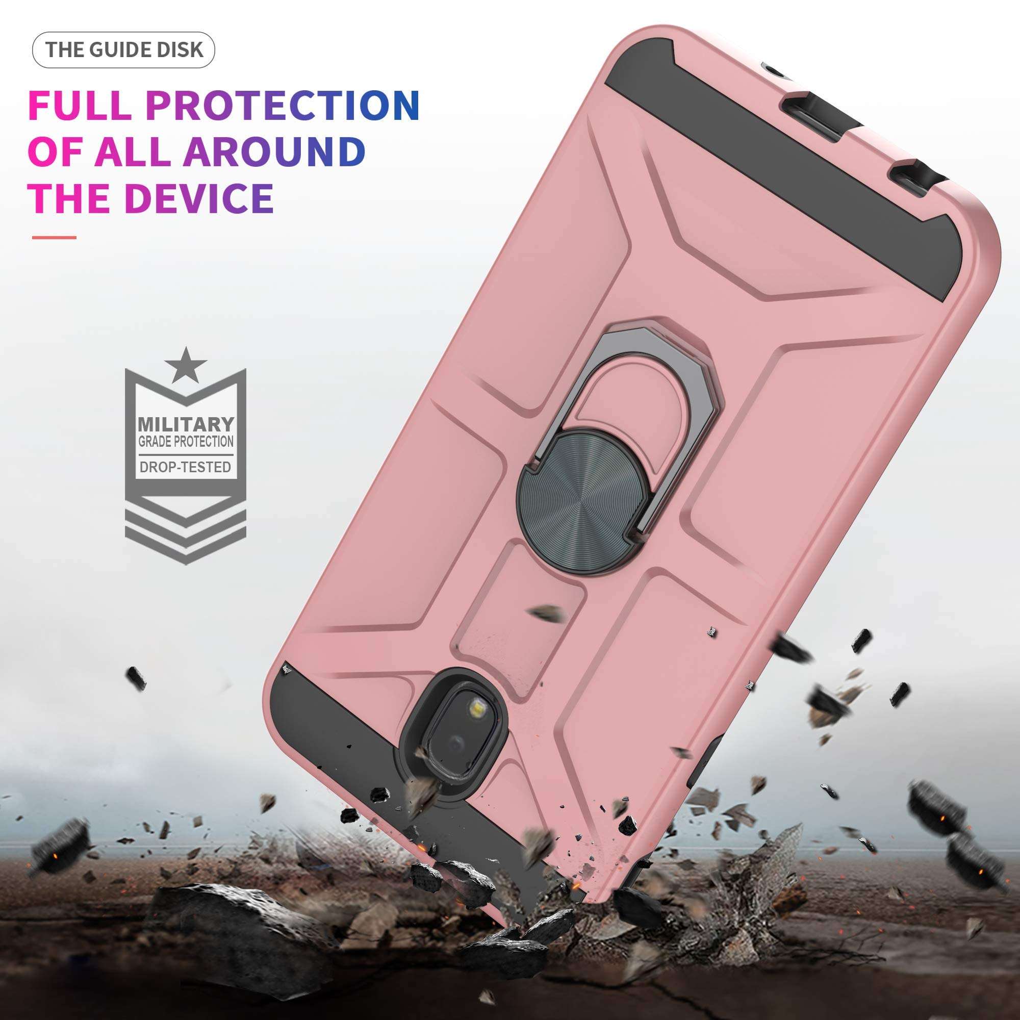 Galaxy J3 2018/J3 Eclipse 2/J3 Orbit/J3 Achieve/Express Prime 3/J3 Prime 2/Amp Prime 3 Case with HD Screen Protector YmhxcY 360 Degree Ring of Shockproof Phone Case for J3 Emerge 2018-ZS Rose Gold 3